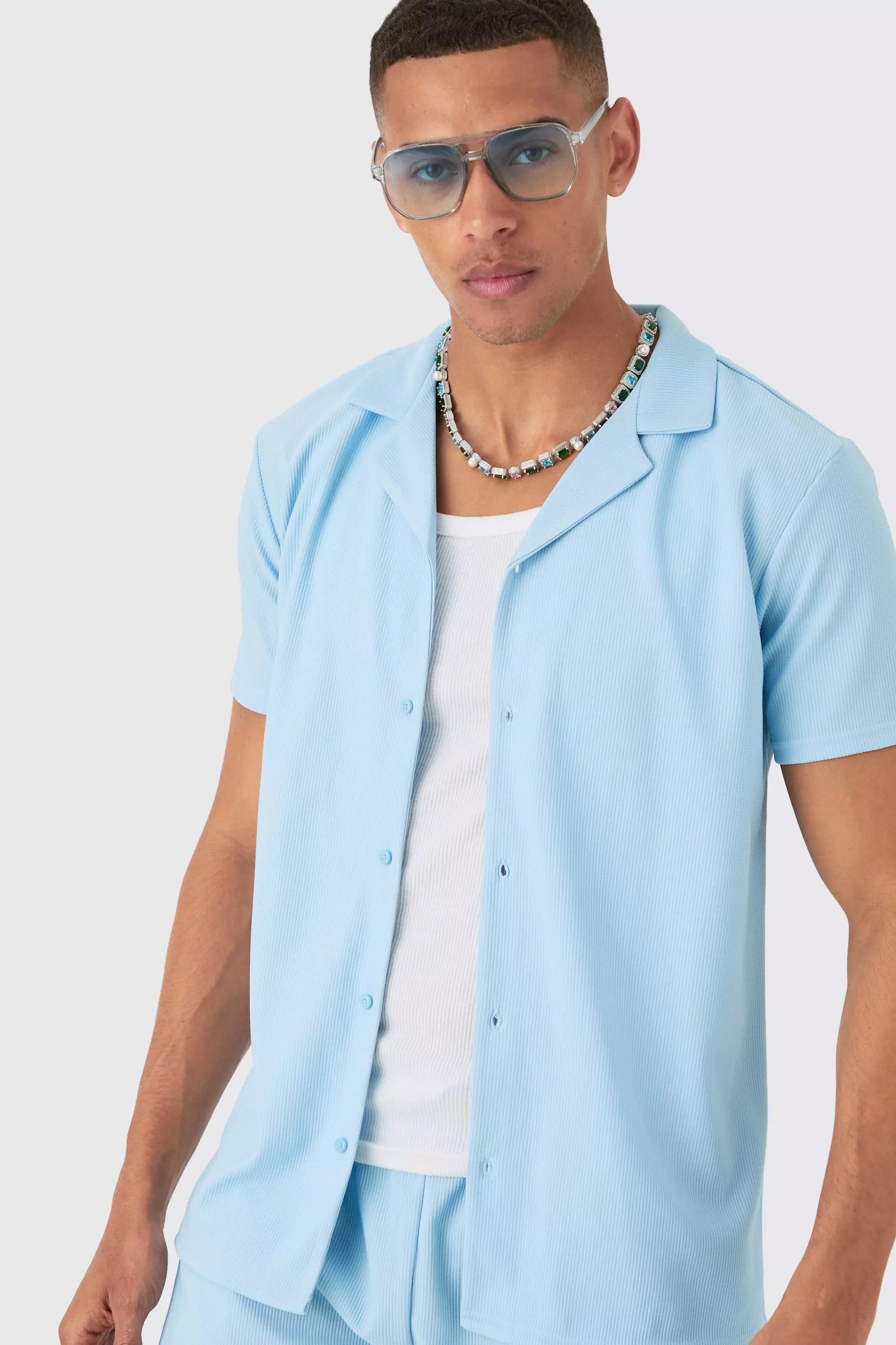 Light blue Regular Fit Short Sleeve Ribbed Shirt & Short Set alternative image