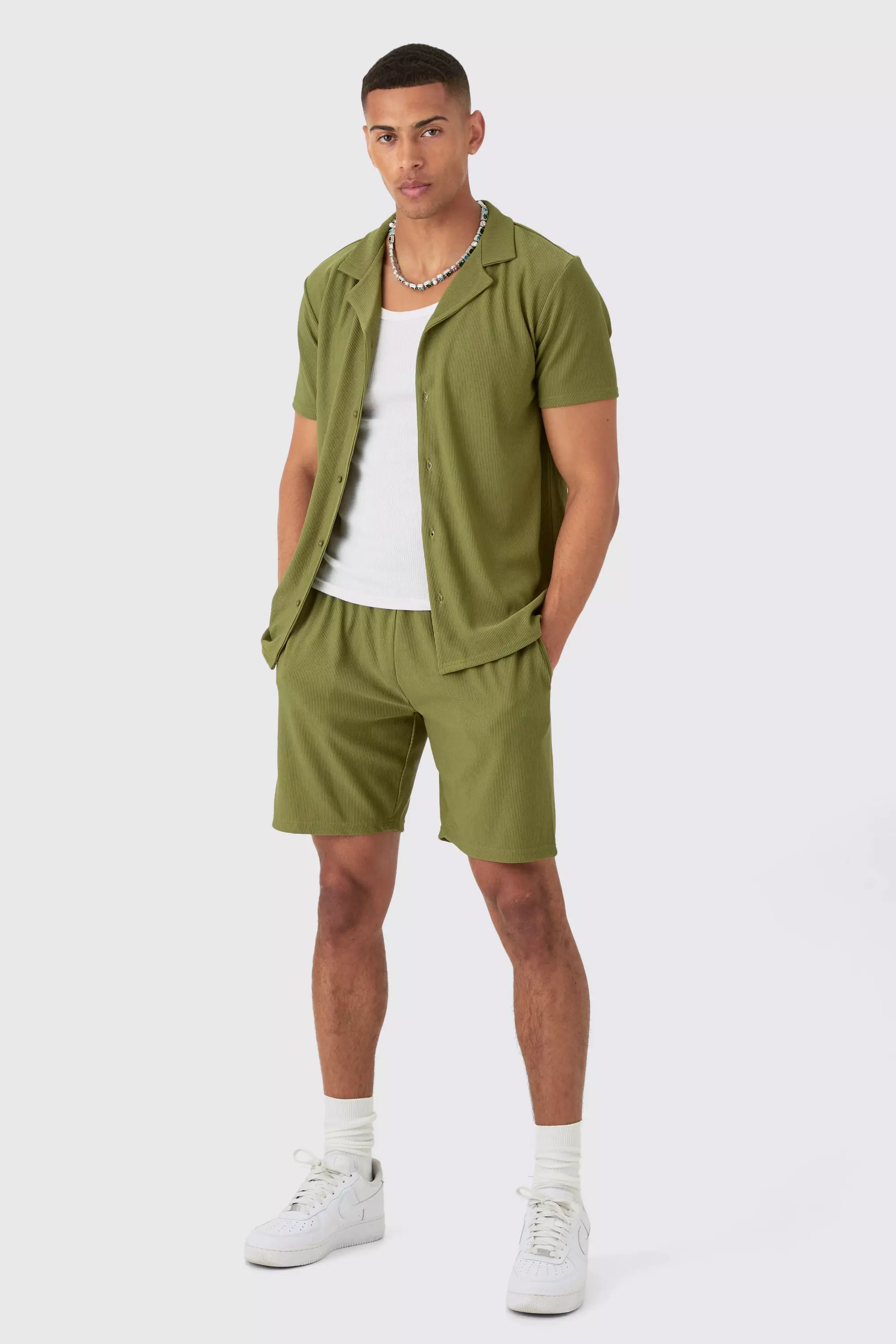 Kurzärmliges geripptes Hemd & Shorts, Khaki alternatives Bild