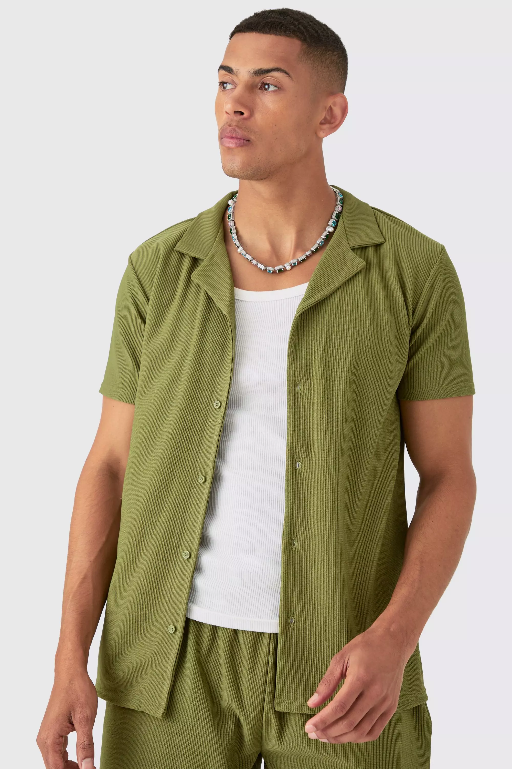 Kurzärmliges geripptes Hemd & Shorts, Khaki alternatives Bild