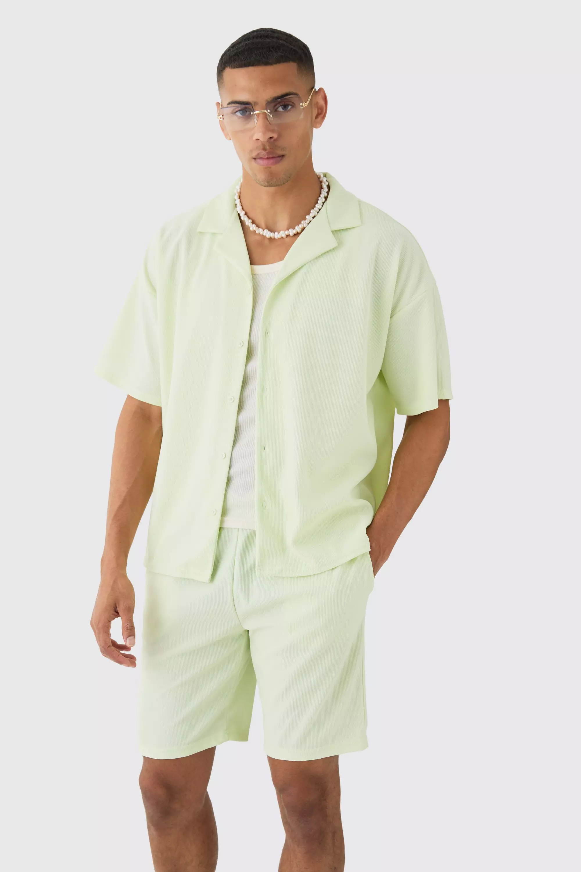 Sage Green Short Sleeve Ribbed Boxy Shirt & Short Set