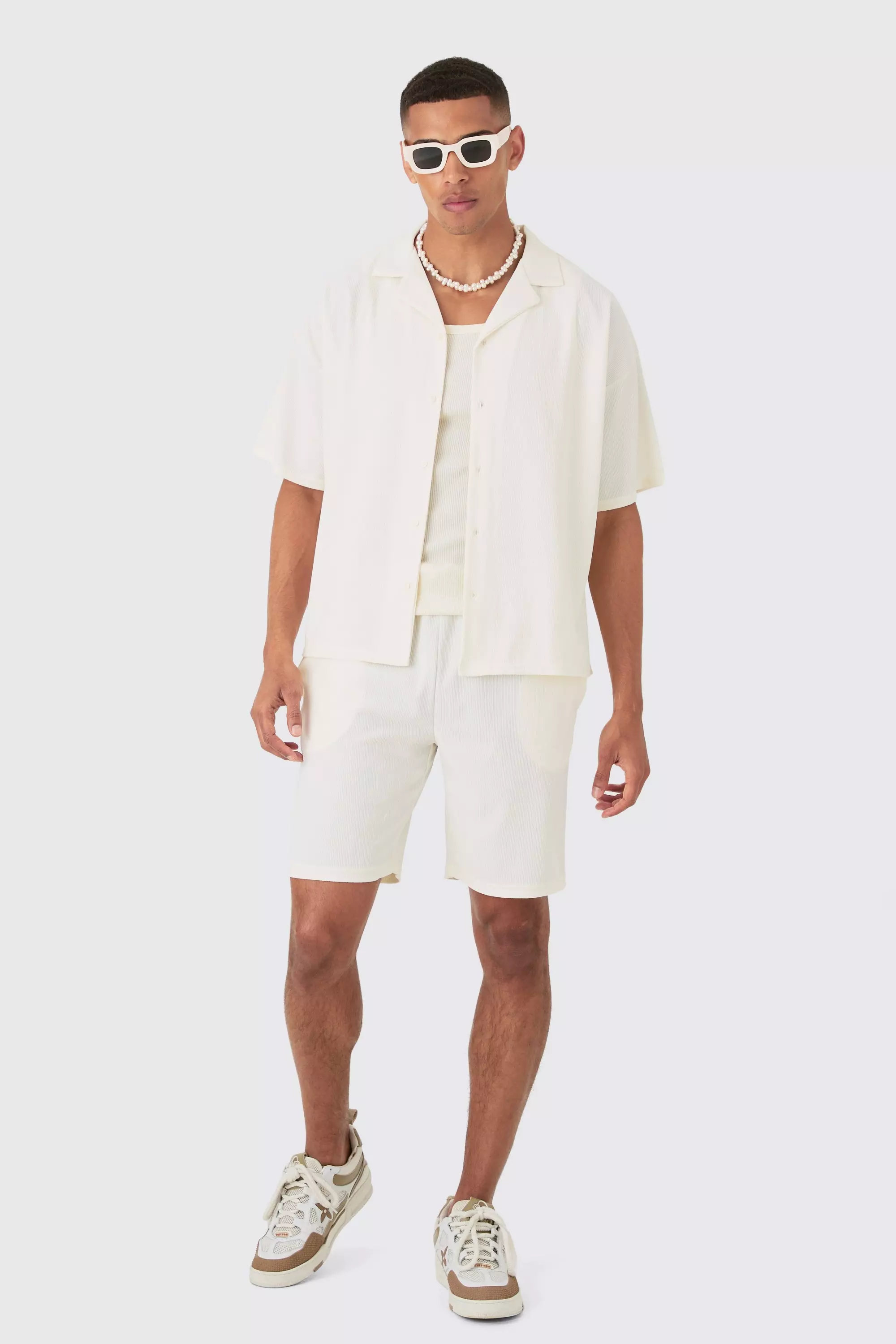 Short Sleeve Ribbed Boxy Shirt & Short White