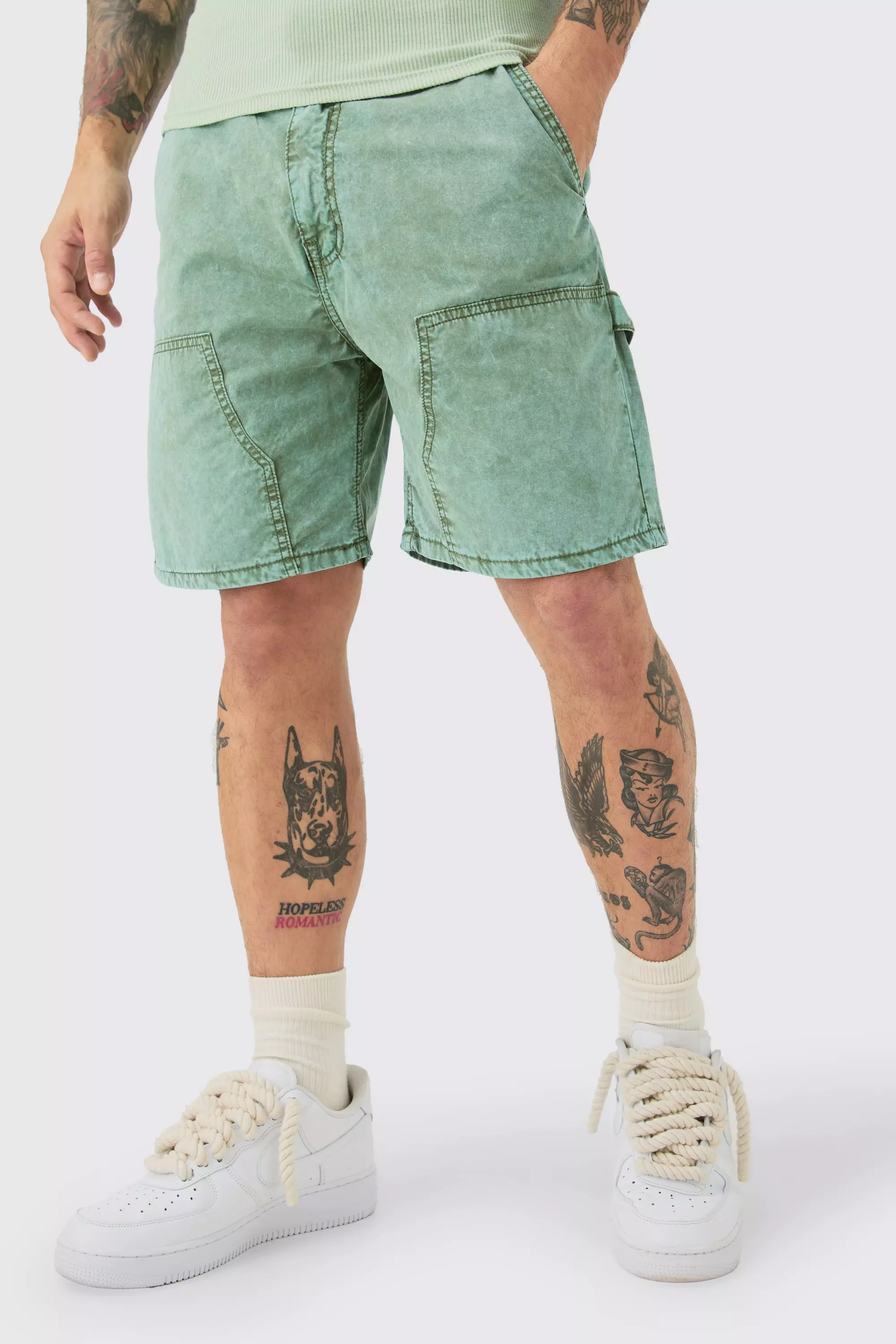 Fixed Waist Relaxed Washed Carpenter Short Green