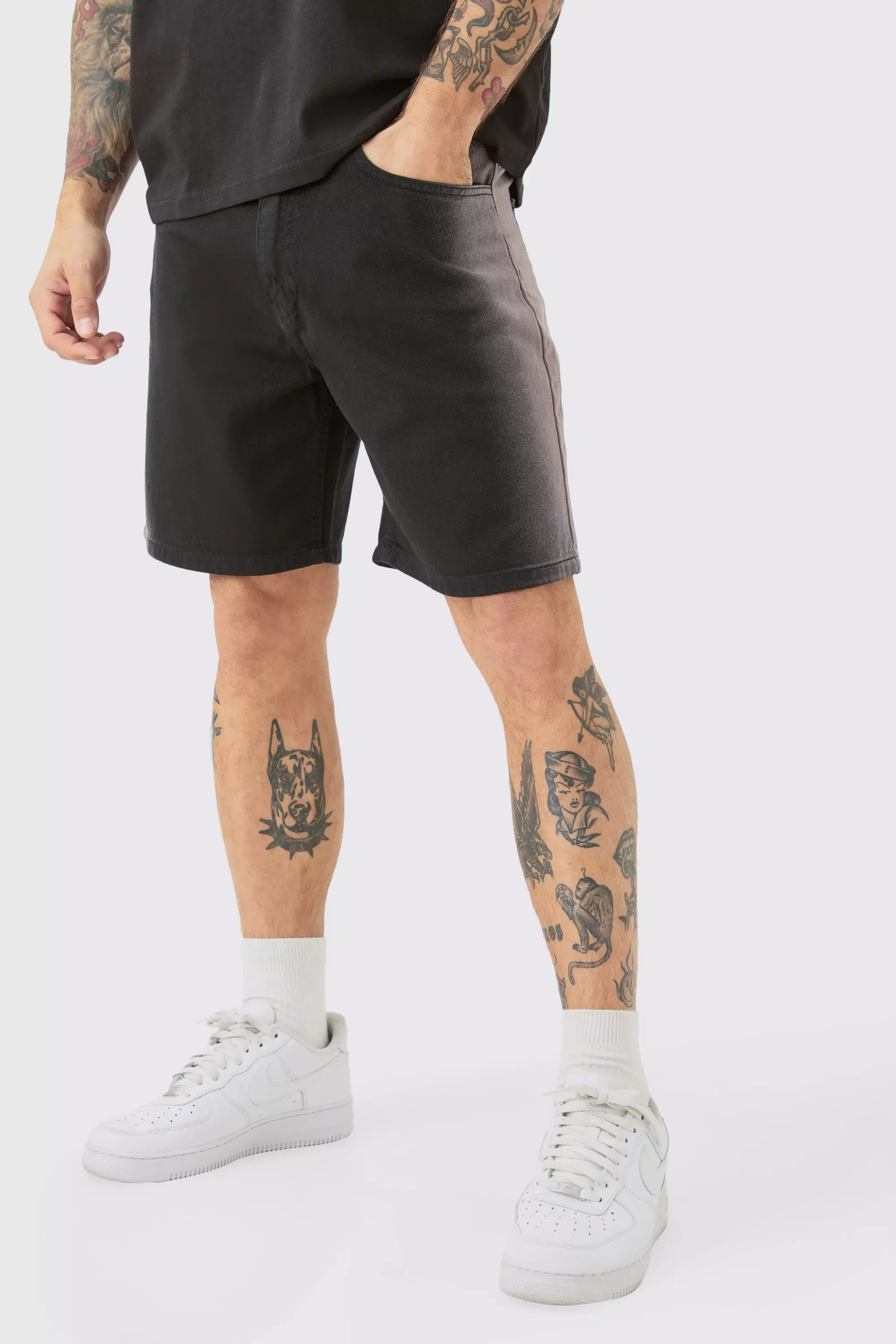 Fixed Waist Relaxed Washed Side Seam Short Black