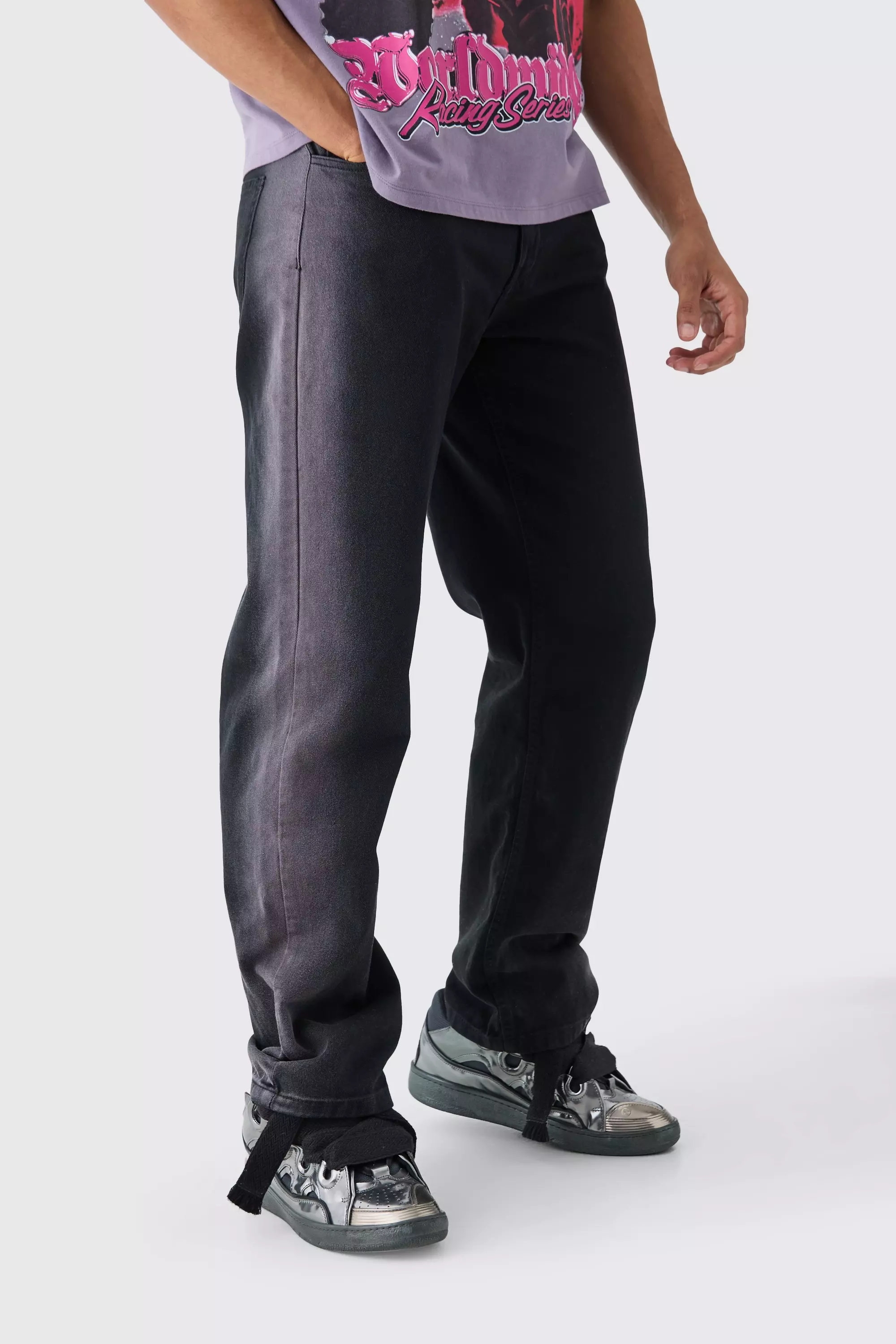 Fixed Waist Relaxed Washed Panel Pants Black