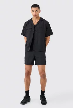 Crinkle Nylon Pocket Shirt & Short Set Black