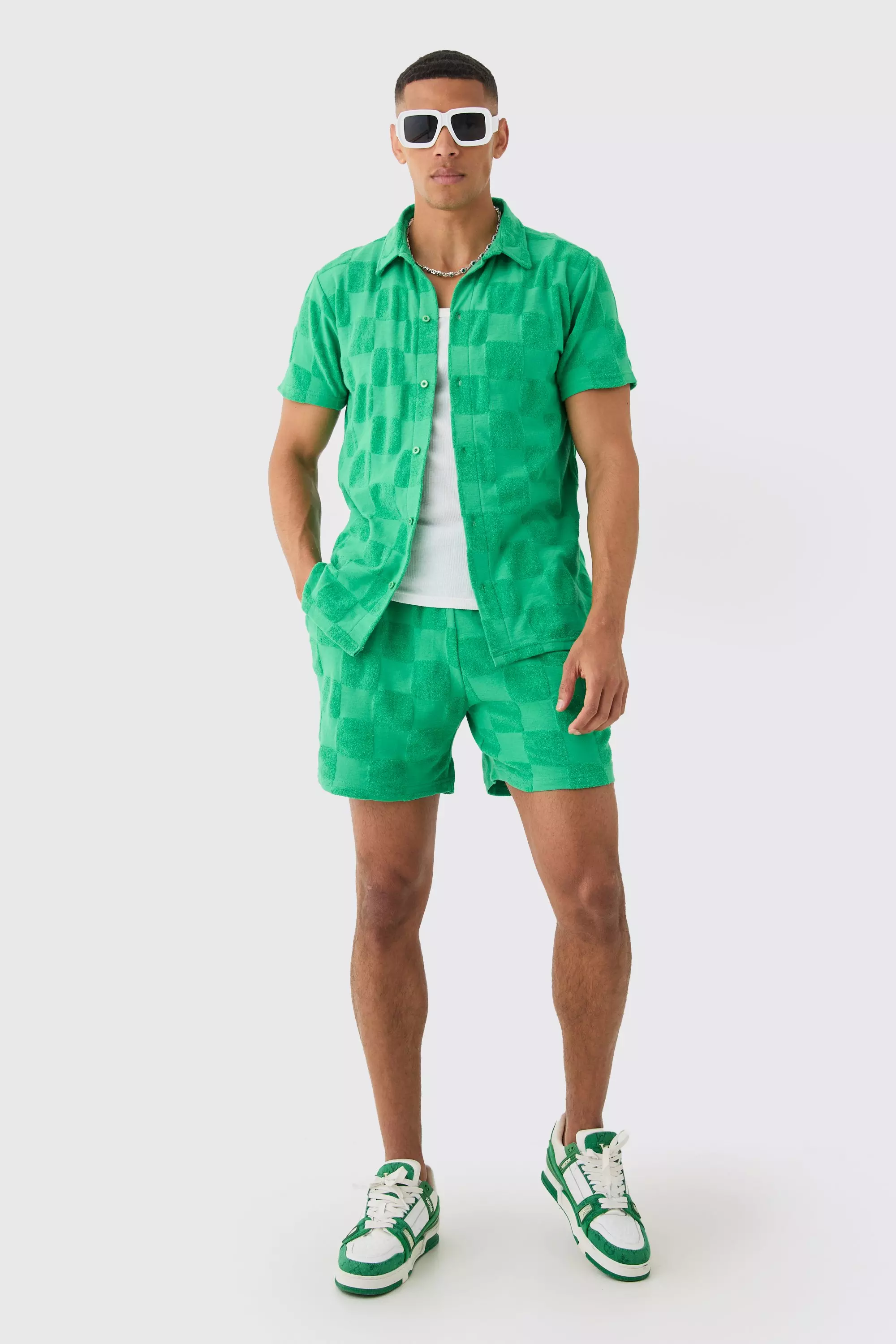 Towelling Checkerboard Shirt & Short Set Green