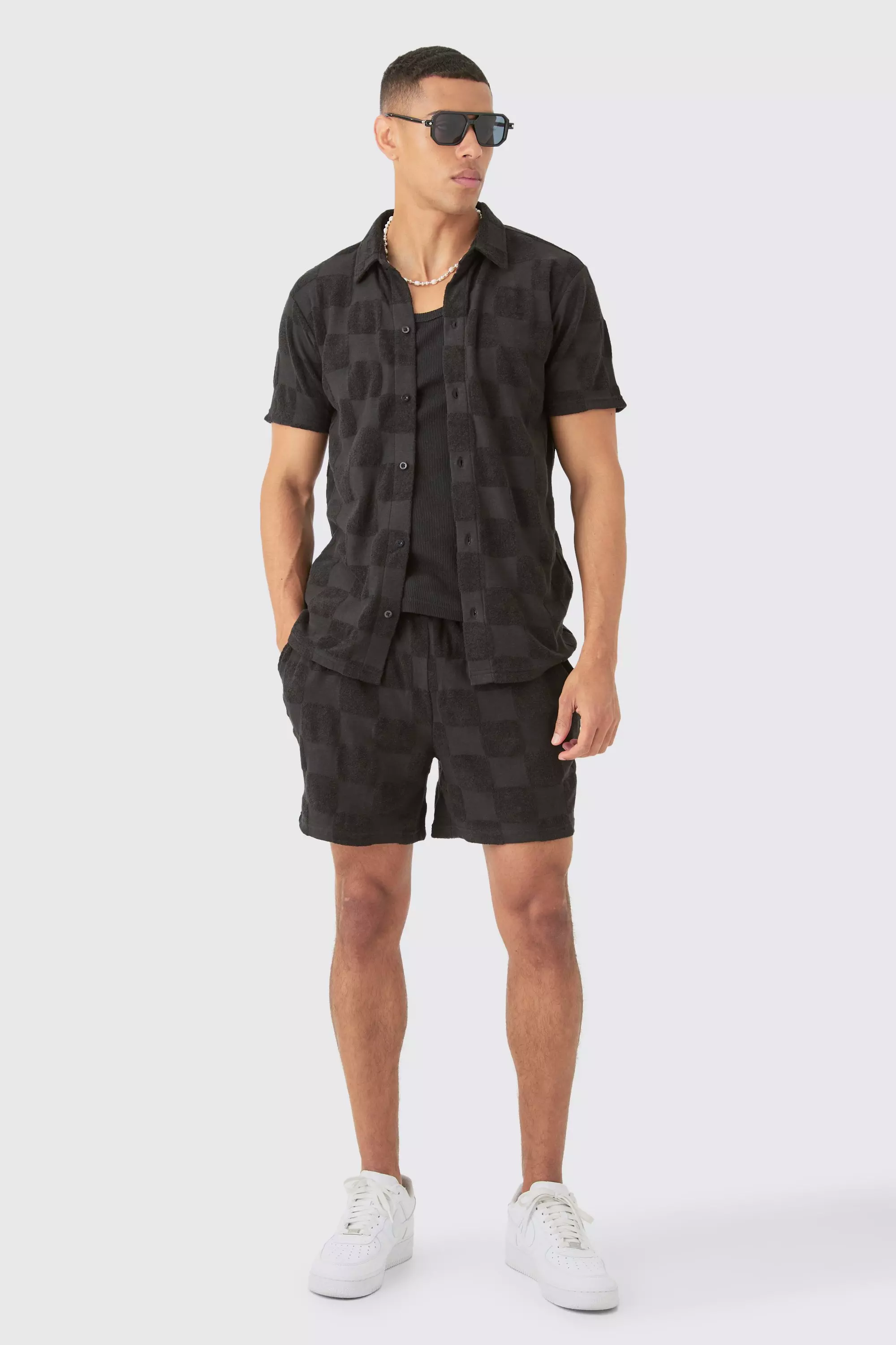 Towelling Checkerboard Shirt & Short Set Black