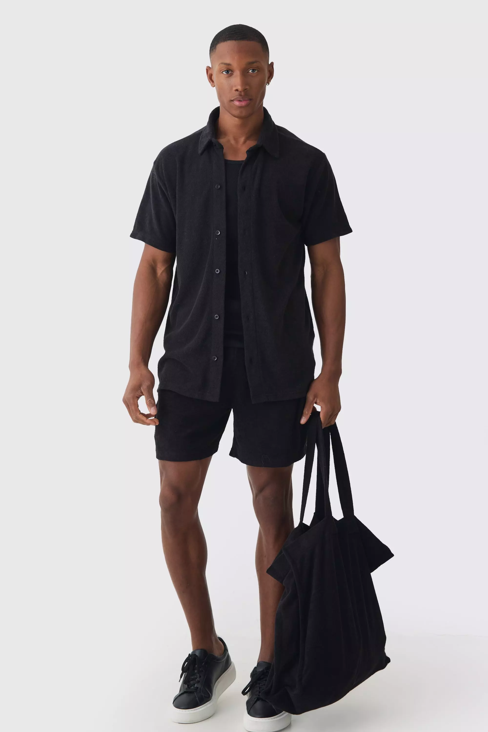 Towelling 3 Piece Shirt, Short & Tote Set Black