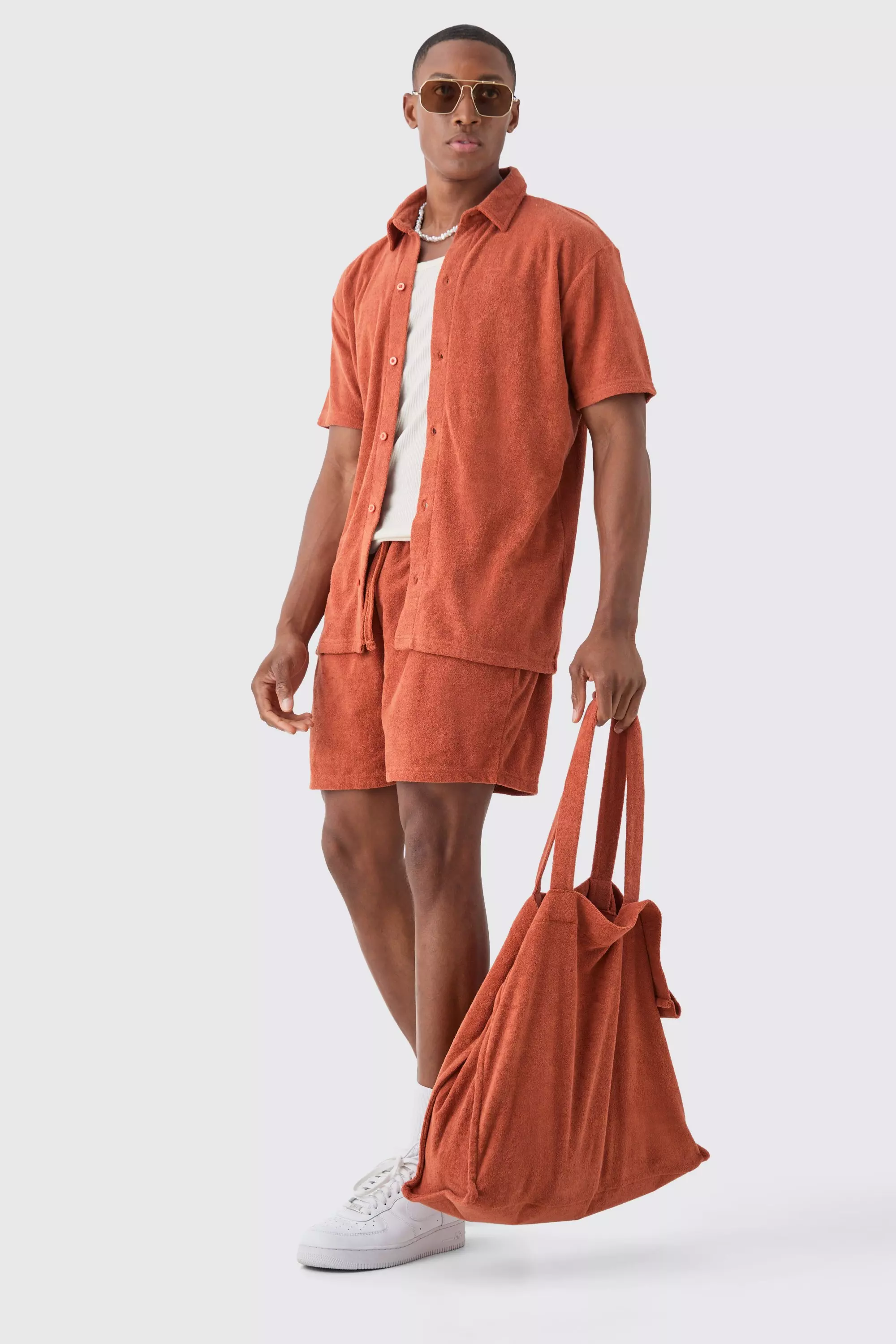 Towelling 3 Piece Shirt, Short & Tote Set Rust