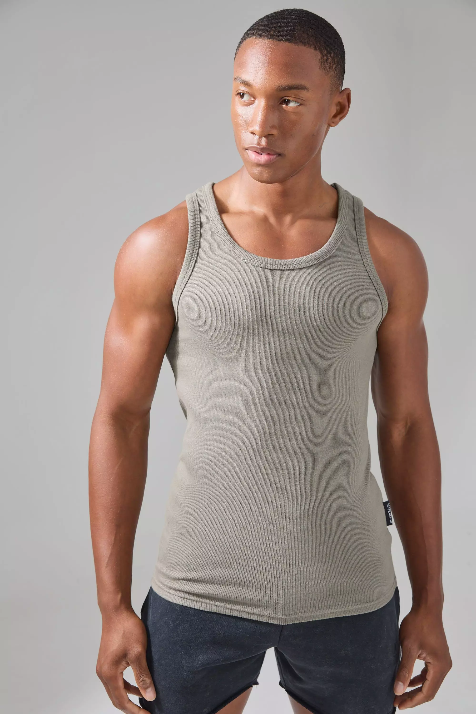 Man Active Gym Muscle Fit Ribbed Vest Khaki