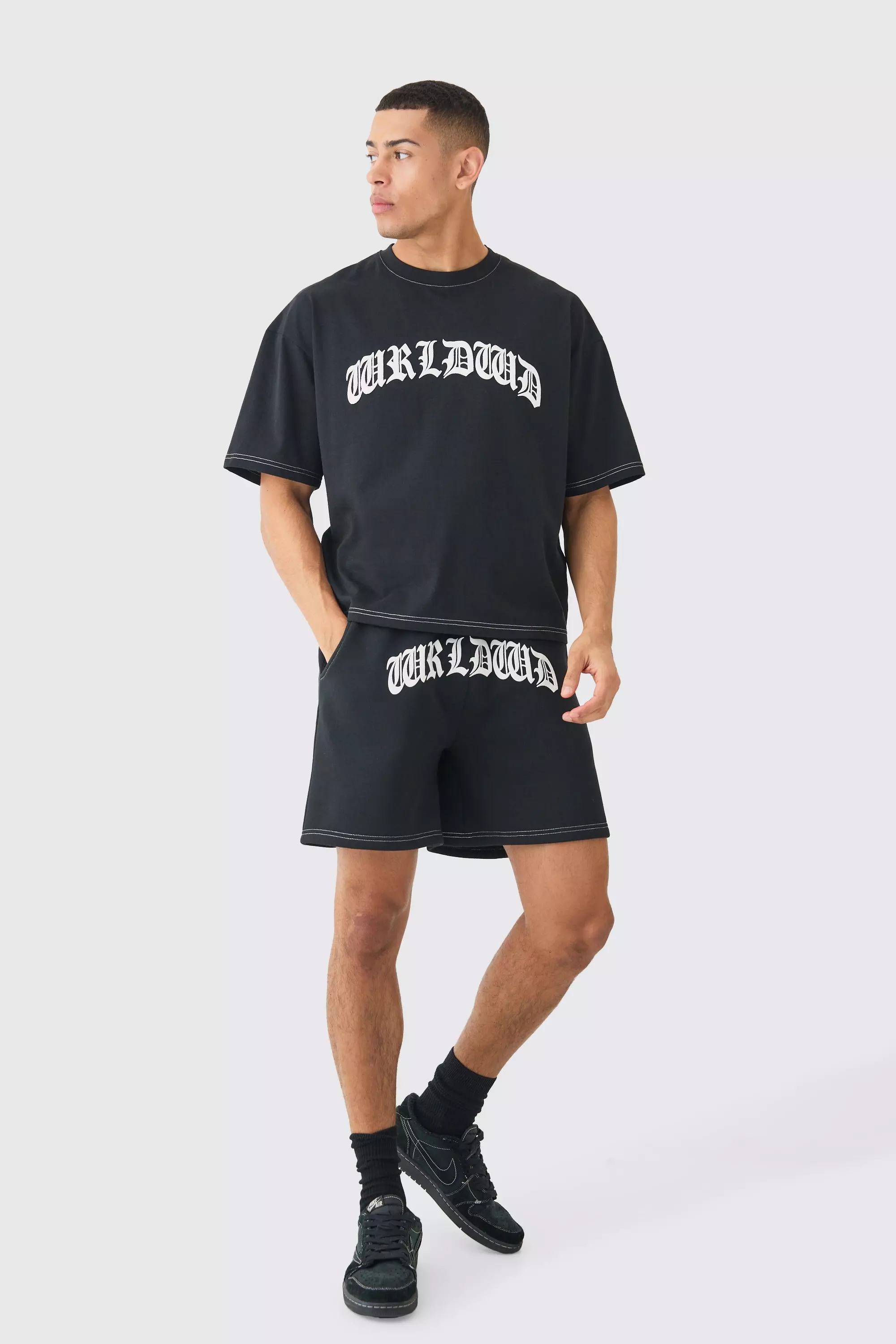 Oversized Boxy Contrast Stitch Puff Print T-shirt & Short Set Black