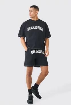 Oversized Boxy Contrast Stitch Puff Print T-shirt & Short Set Black