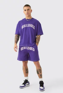 Oversized Boxy Contrast Stitch Puff Print T-shirt & Short Set Purple