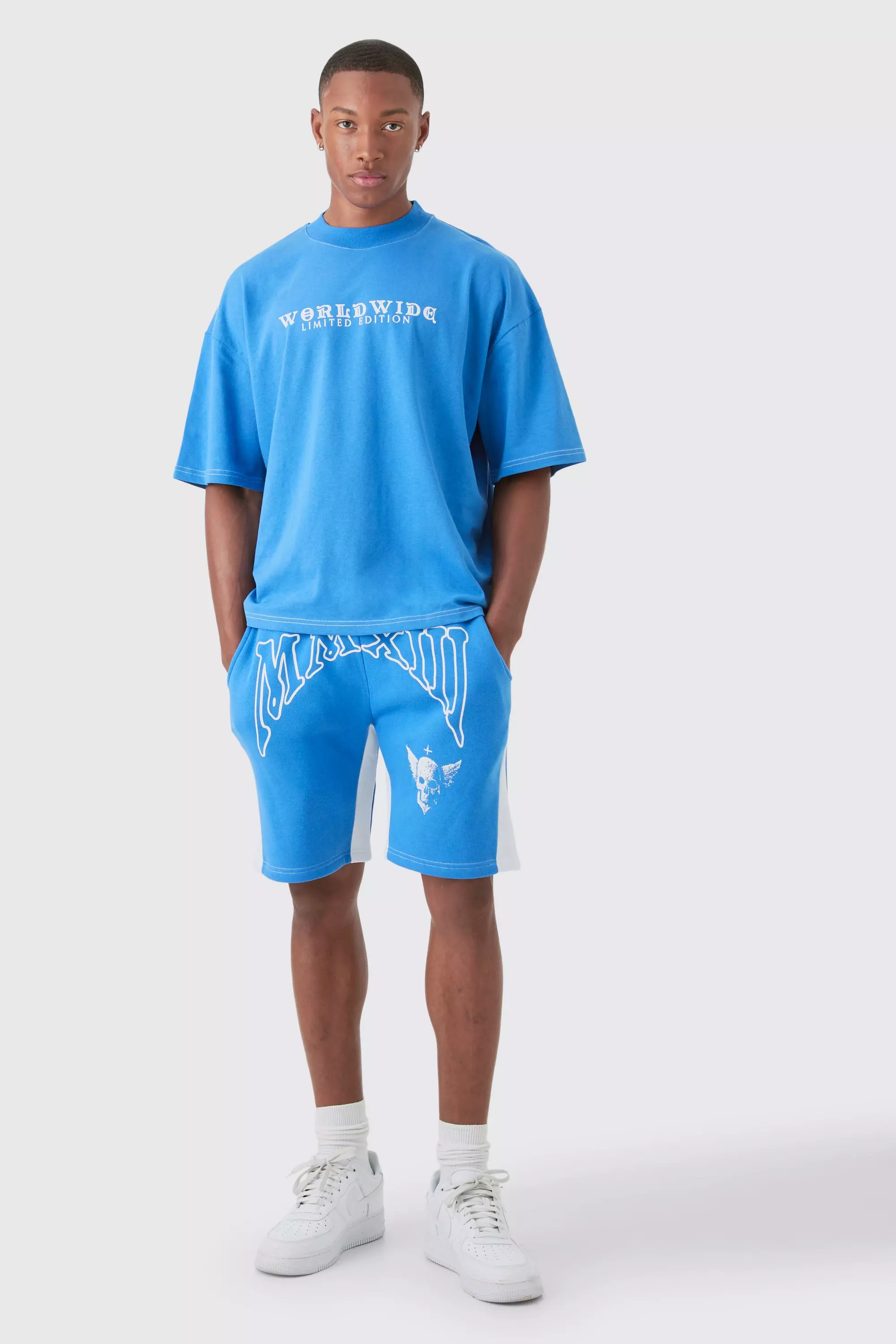 Blue Oversized Boxy Contrast Stitch Embroidered T-shirt & Short Set