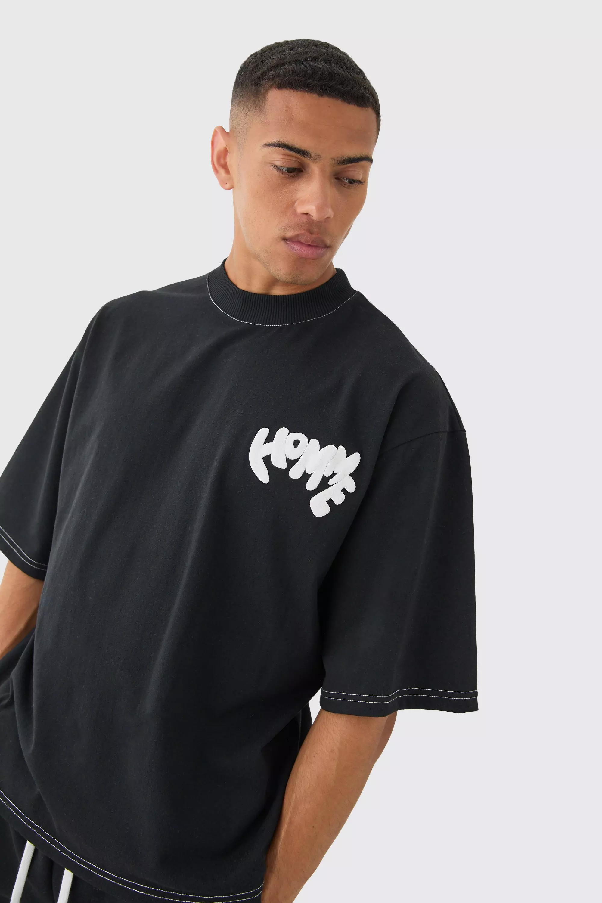 T-shirt oversize imprimé à manches 3/4, Black autre image