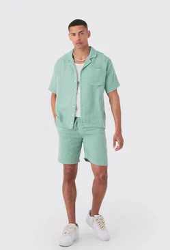 Green Oversized Short Sleeve Open Weave Shirt & Short Set
