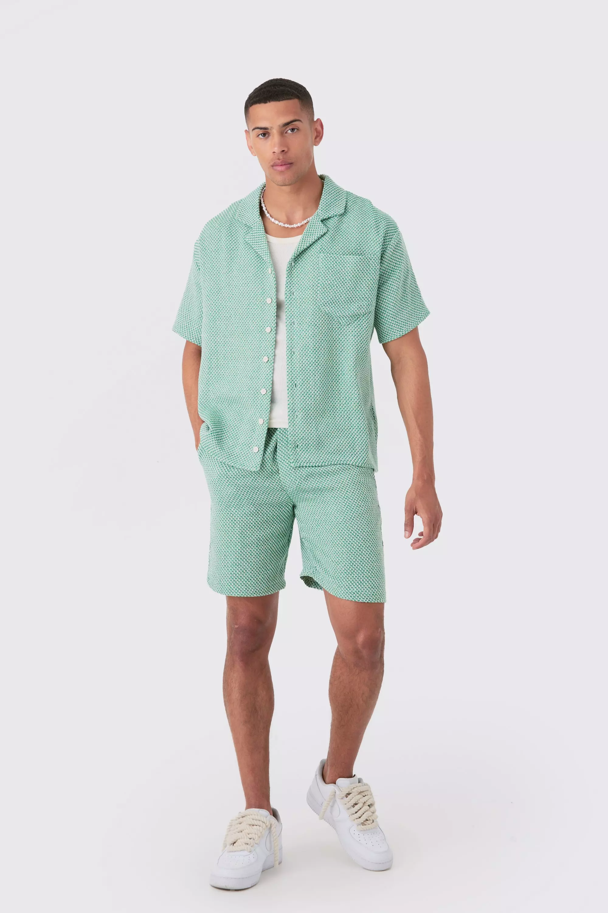 Oversized Short Sleeve Open Weave Shirt & Short Set Green