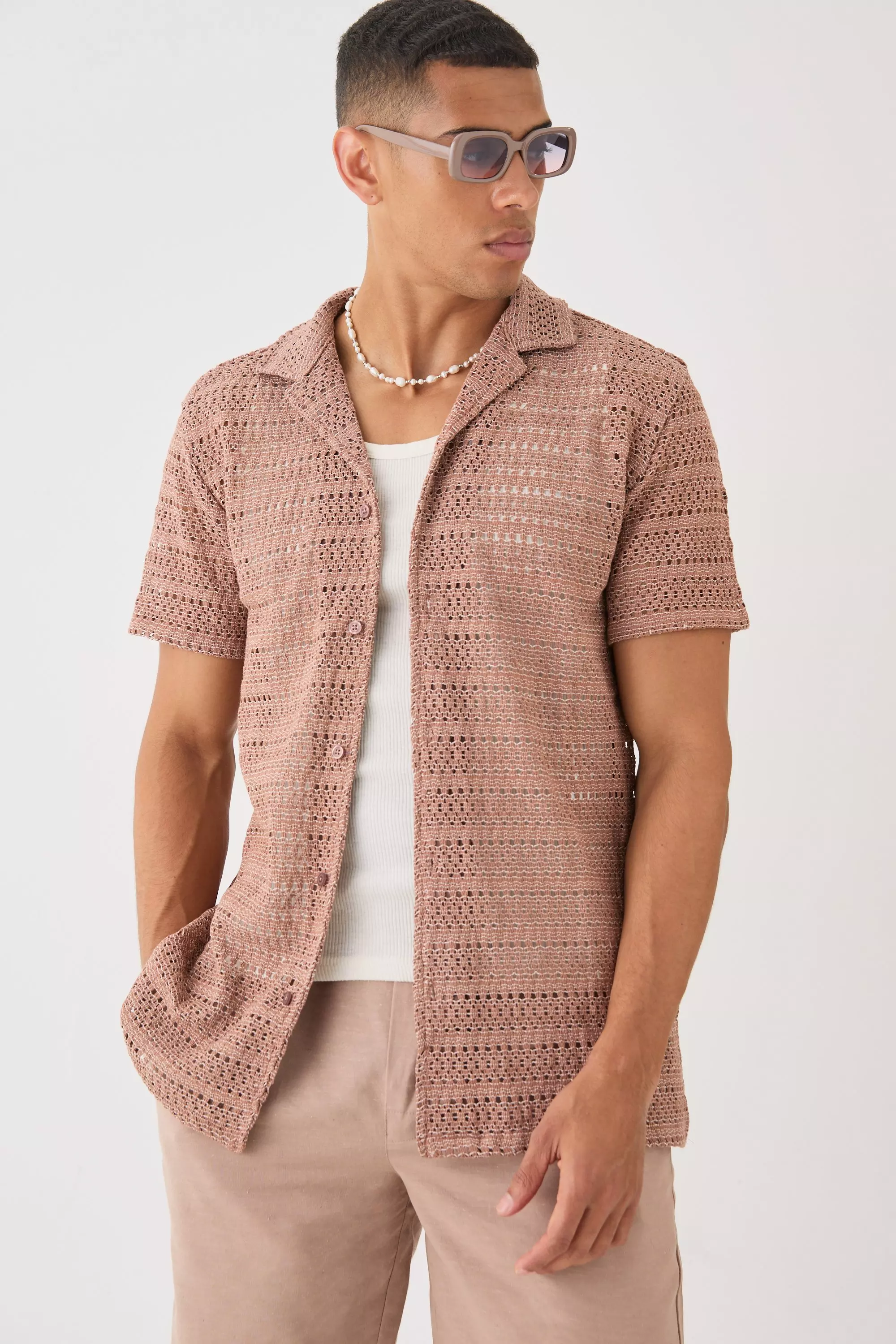 Taupe Beige Oversized Weave Look Shirt