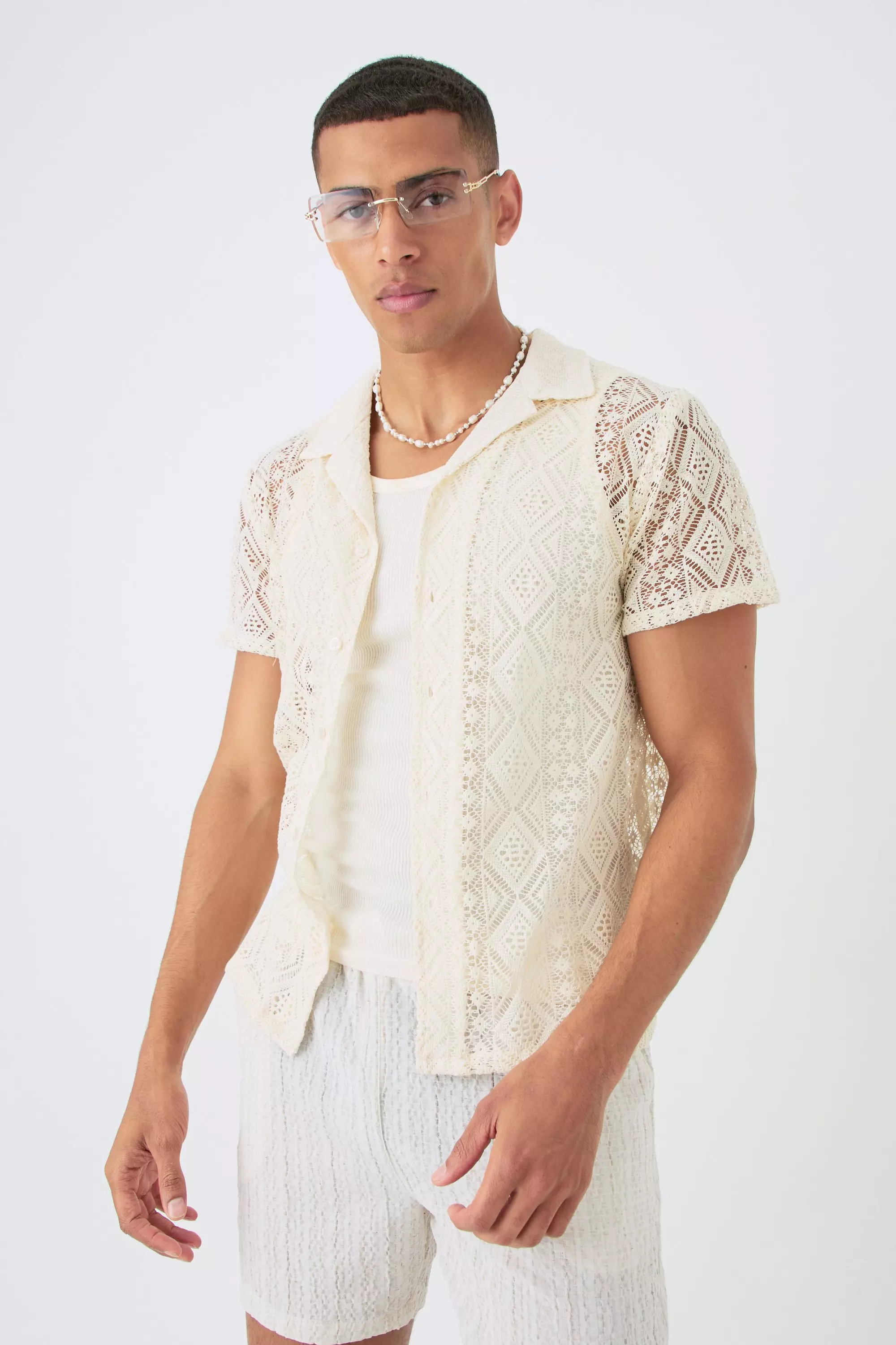 Boxy Crochet Look Shirt Ecru