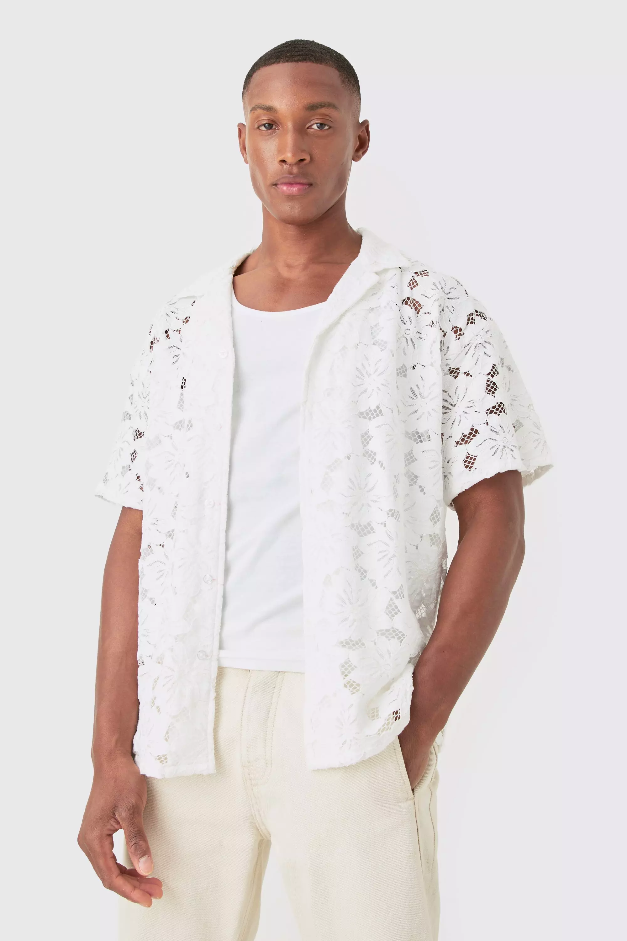 Camicia Squadrata In Pizzo A Fiori, White immagine alternativa