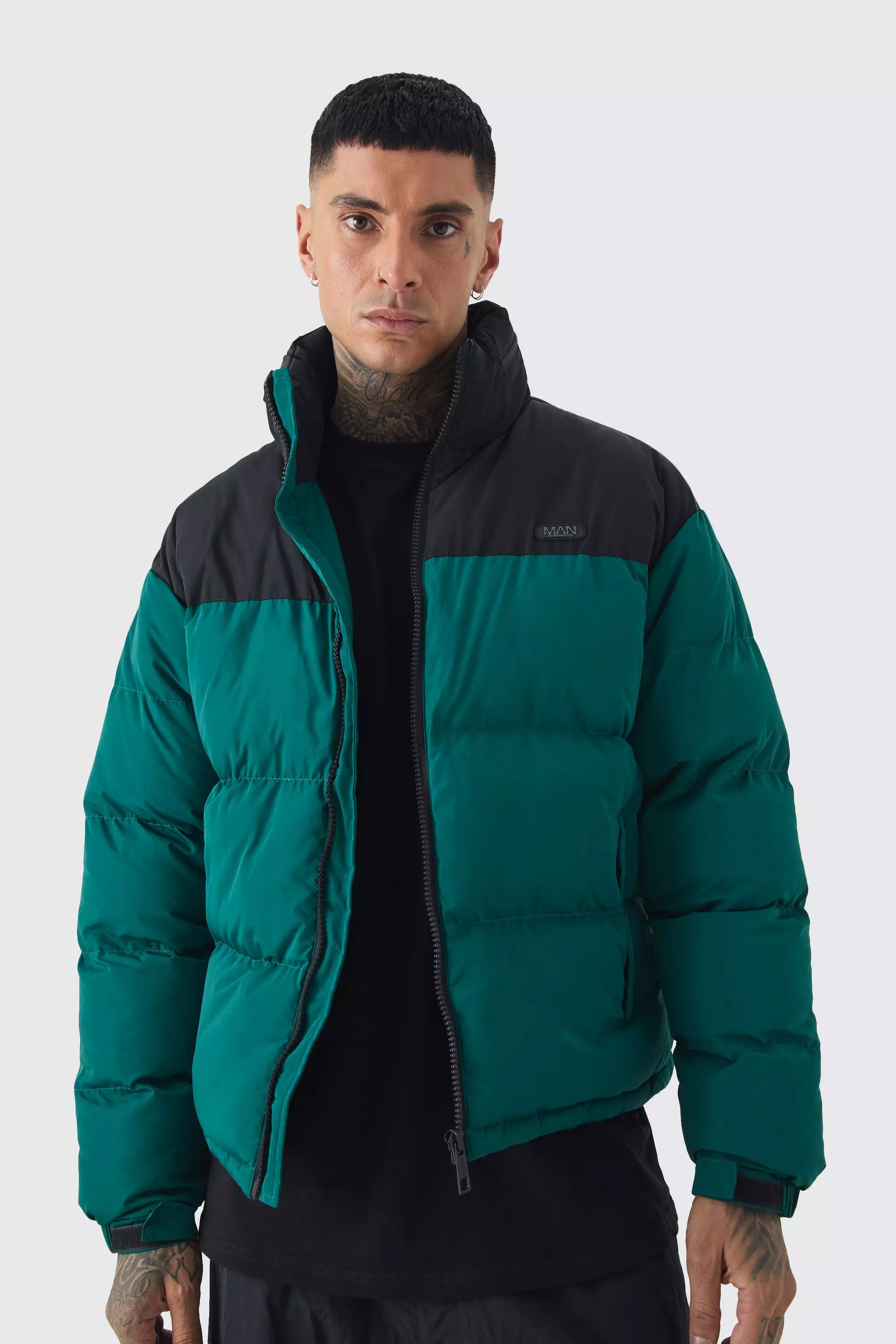 Tall Colour Block Concealed Hood Puffer Jacket In Green