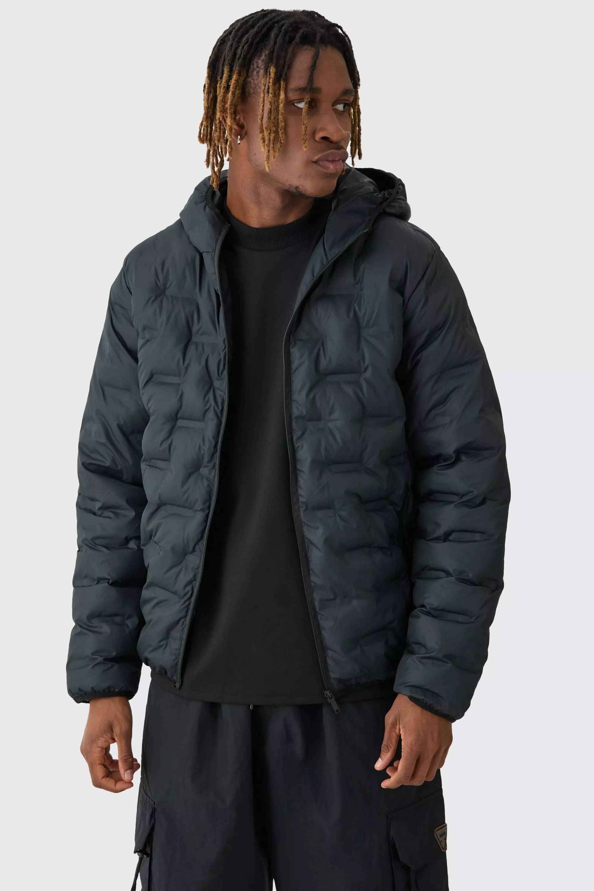 Tall Hooded Heat Seal Quilted Jacket In Black Black