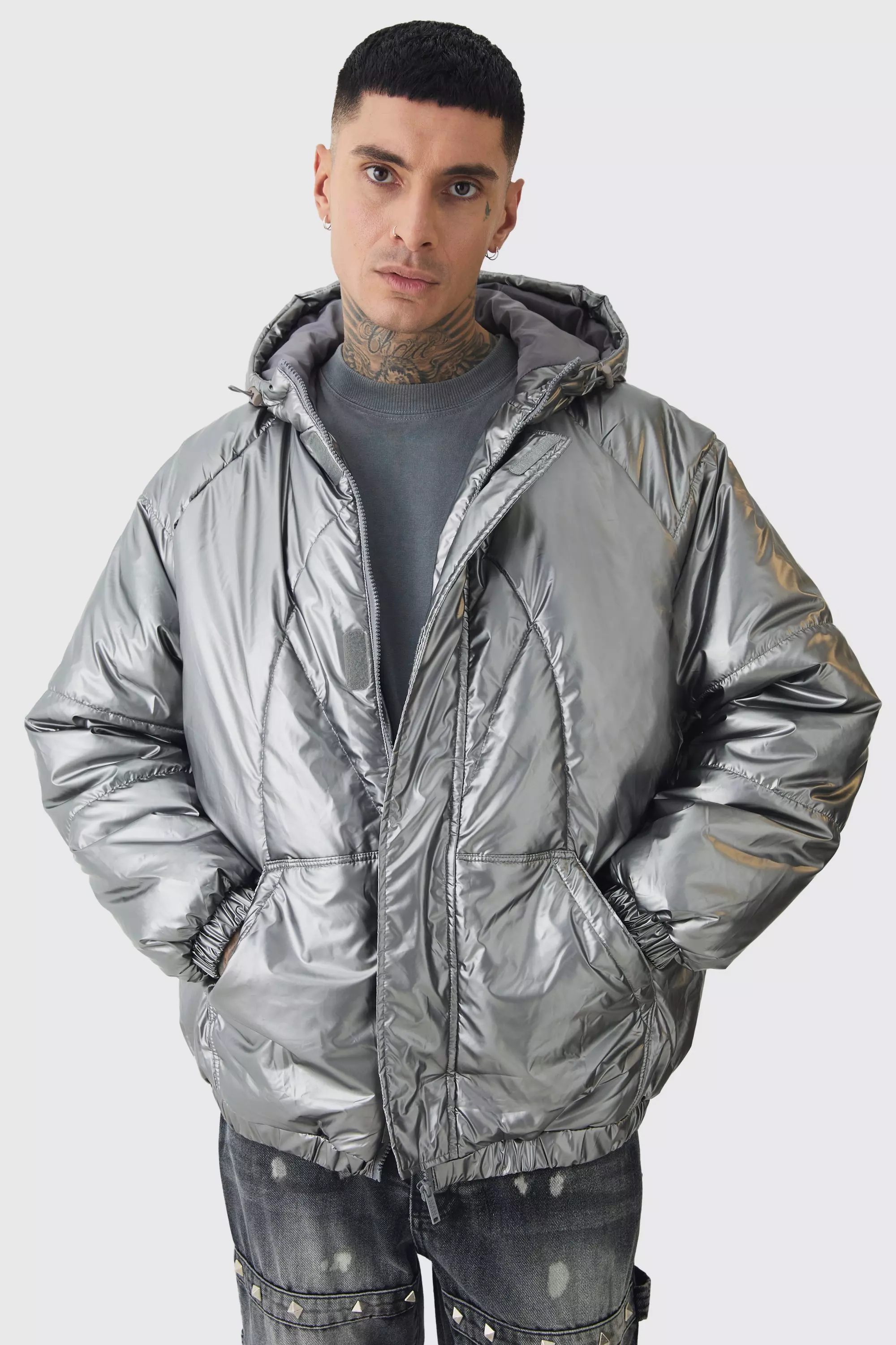 Tall Oversized Metallic Hooded Puffer Jacket In Charcoal Charcoal