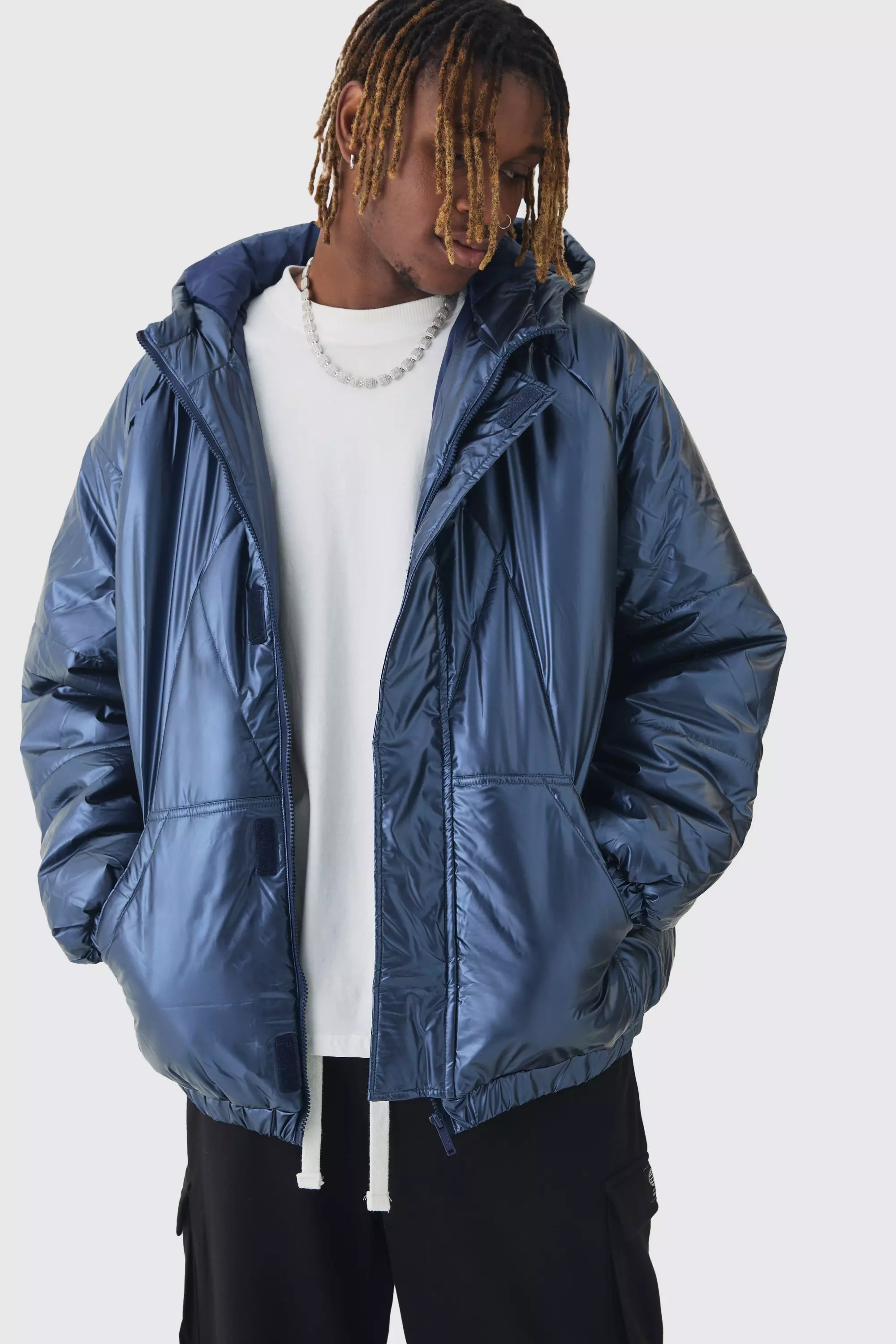 Tall Oversized Metallic Hooded Puffer Jacket In Navy alternative image