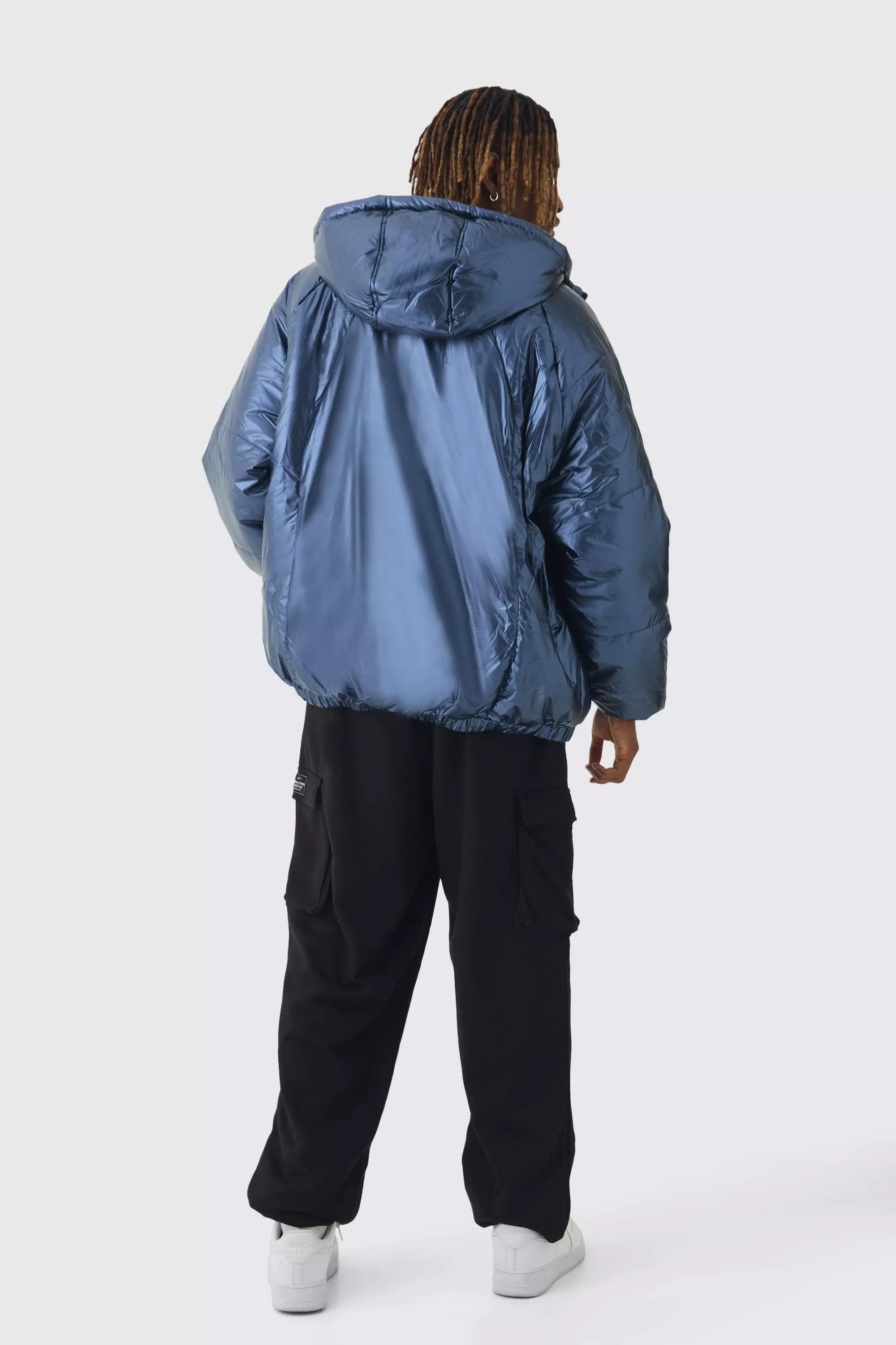 Tall Oversized Metallic Hooded Puffer Jacket In Navy alternative image
