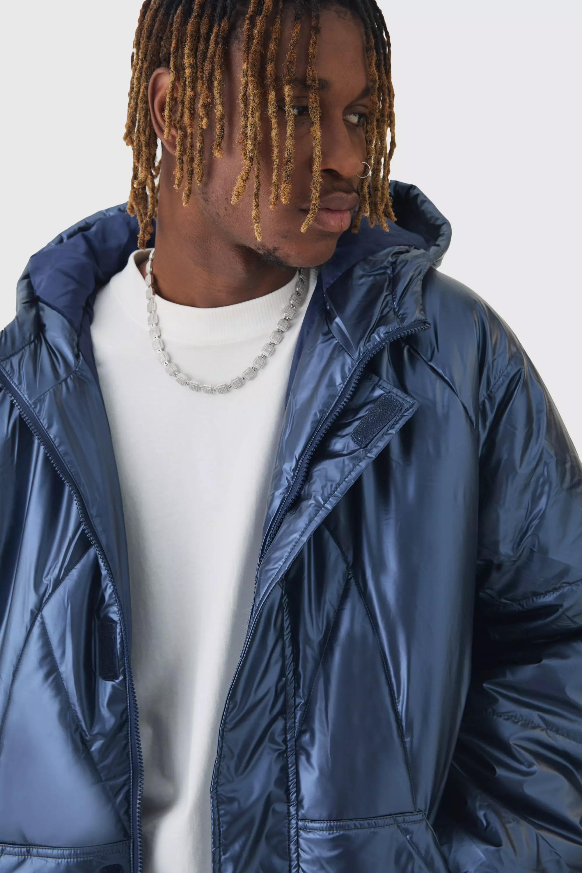 Tall Oversized Metallic Hooded Puffer Jacket In Navy alternative image
