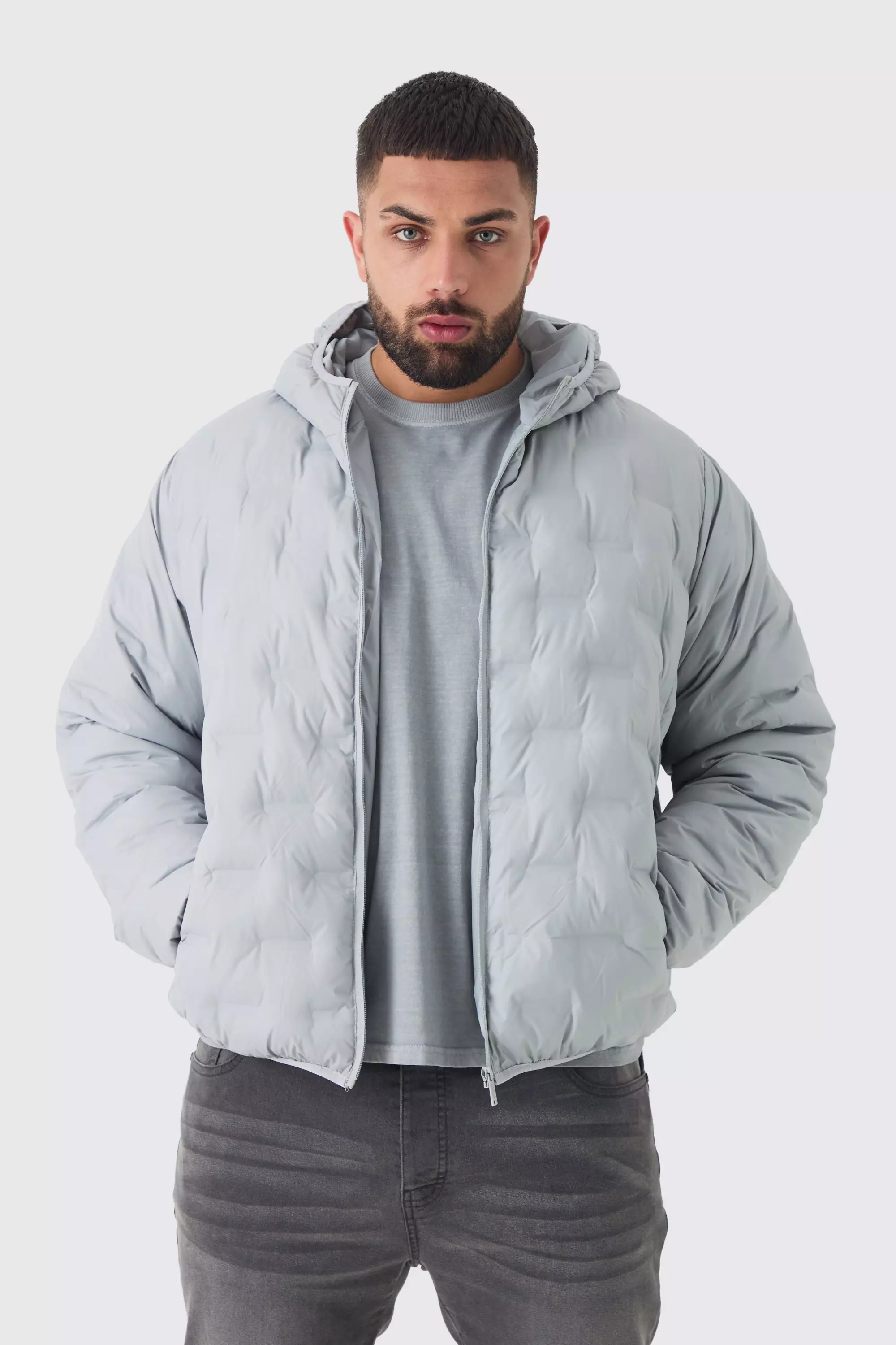 Plus Hooded Heat Seal Quilted Jacket In Grey Grey