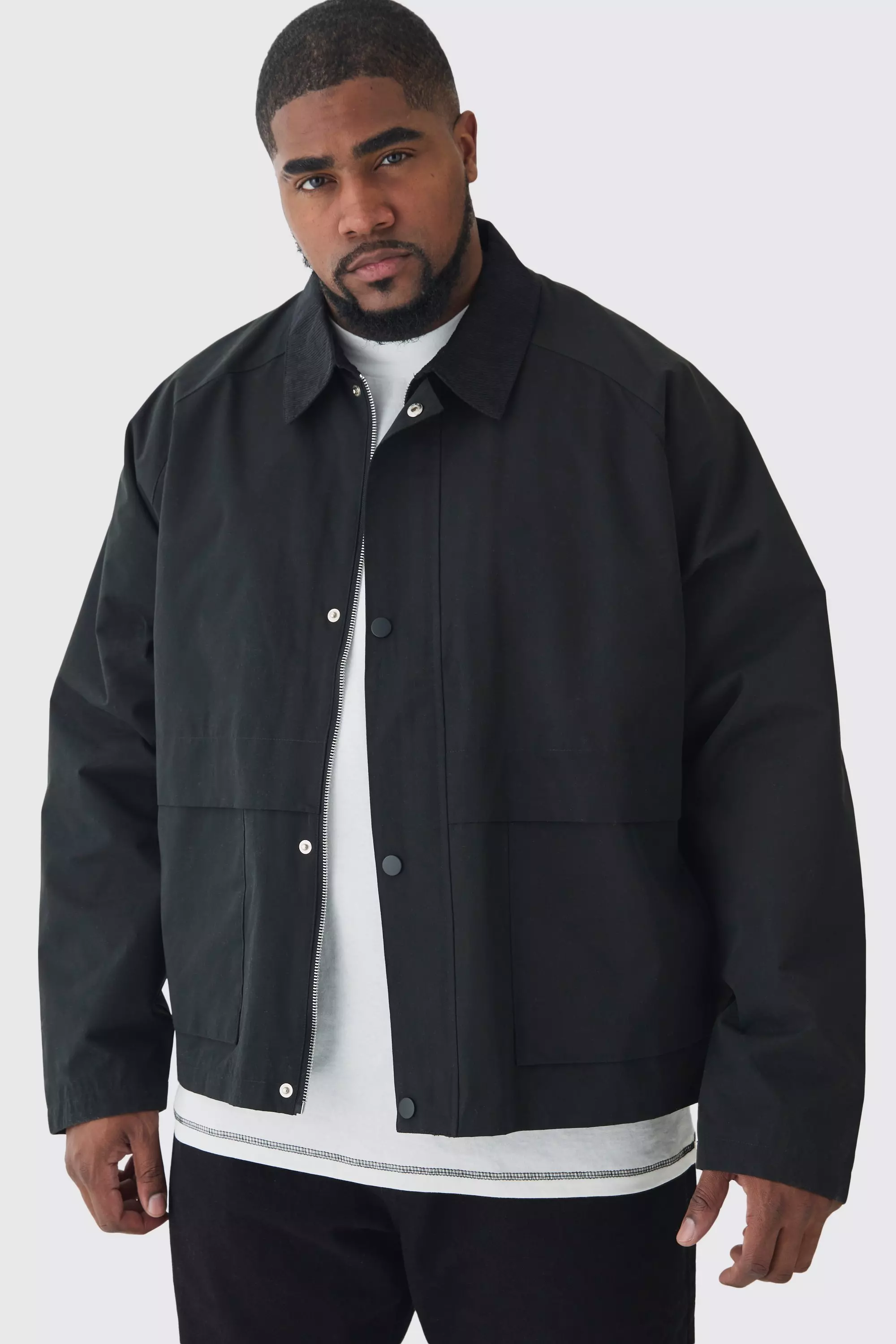 Black Plus Boxy Cord Collar Worker Jacket In Black