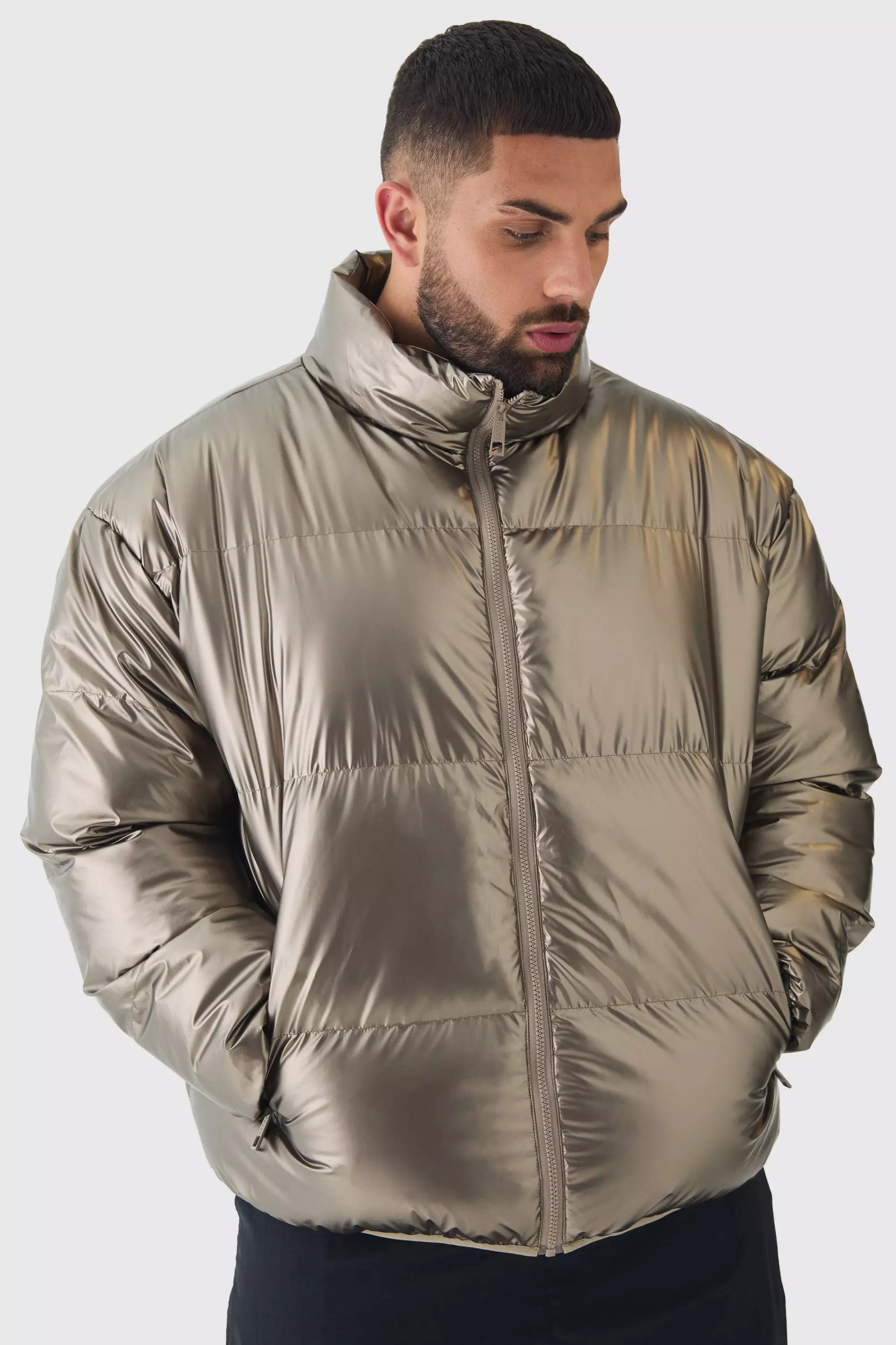 Plus Metallic Funnel Neck Puffer Jacket In Bronze boohooMAN UK