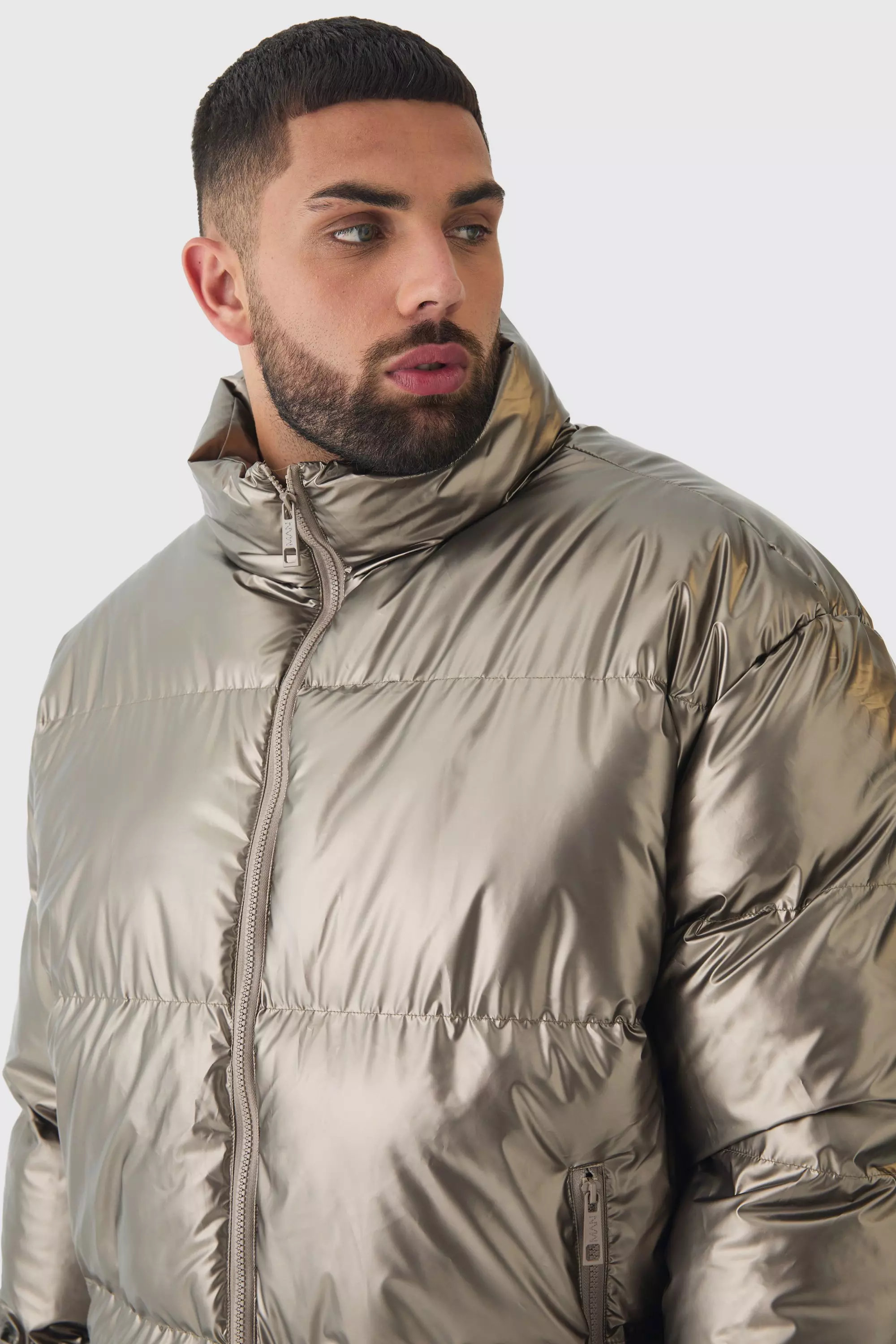 Plus Metallic Funnel Neck Puffer Jacket In Bronze alternative image