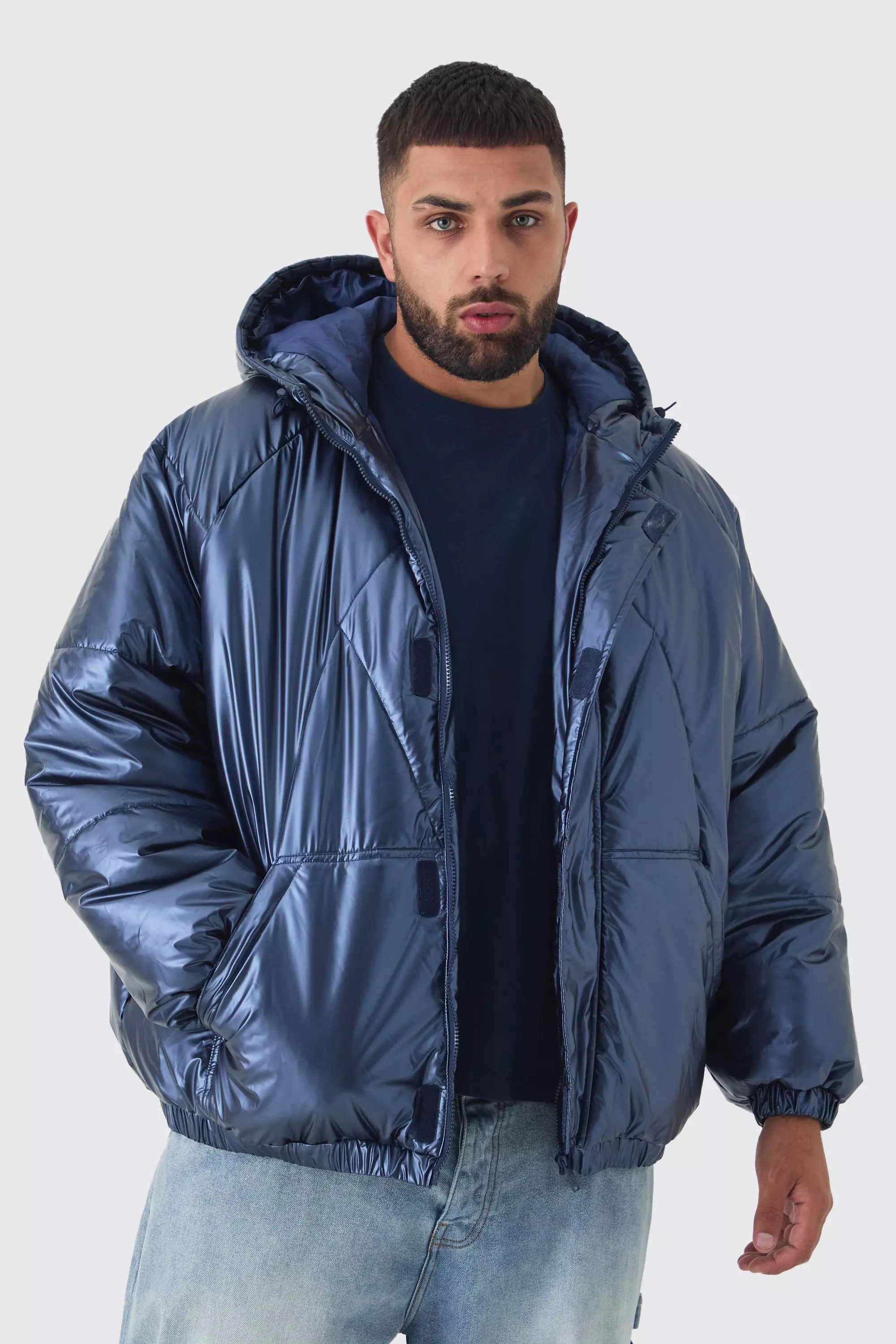 Plus Oversized Metallic Hooded Puffer Jacket In Navy Navy