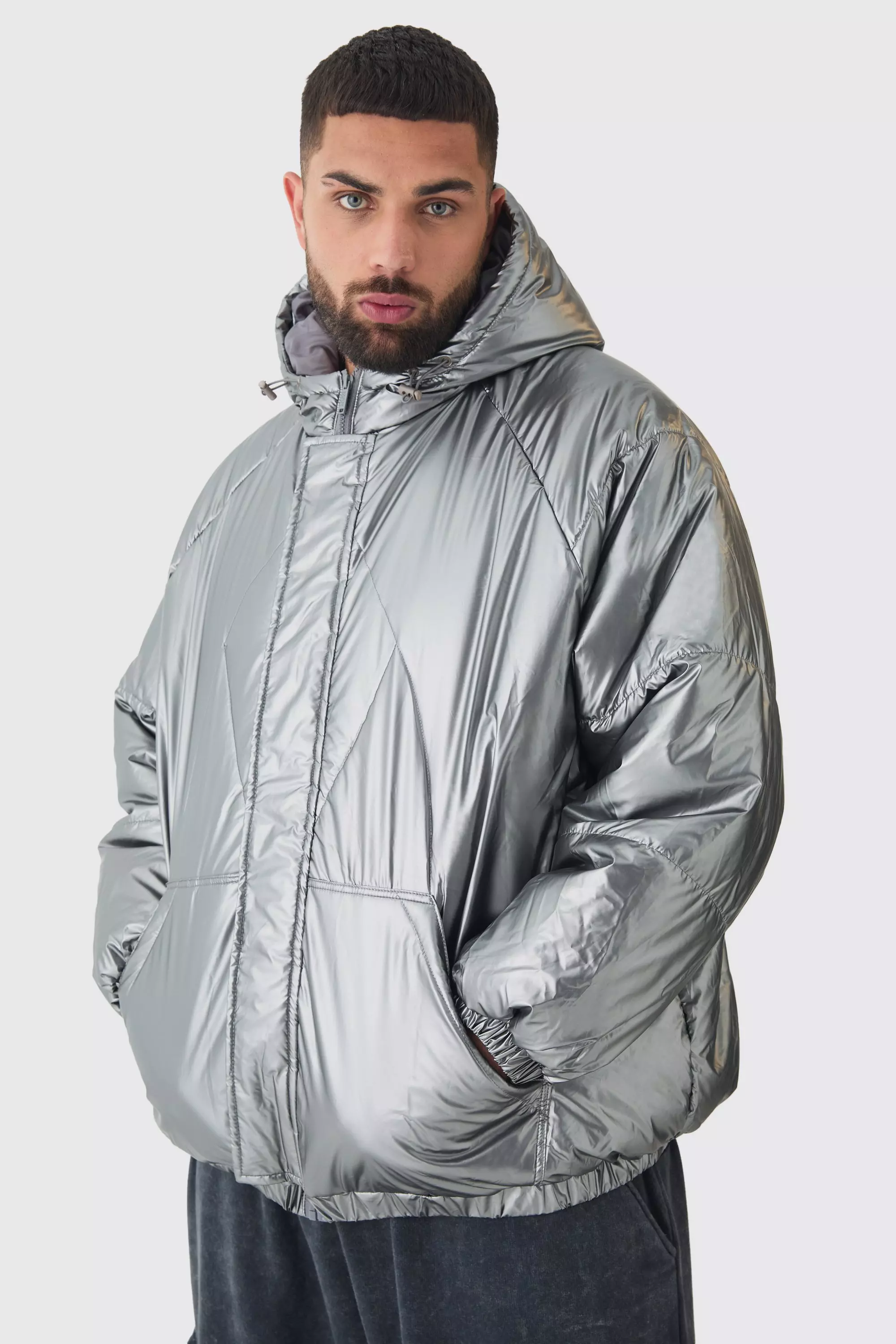 Plus Oversized Metallic Hooded Puffer Jacket In Charcoal Charcoal