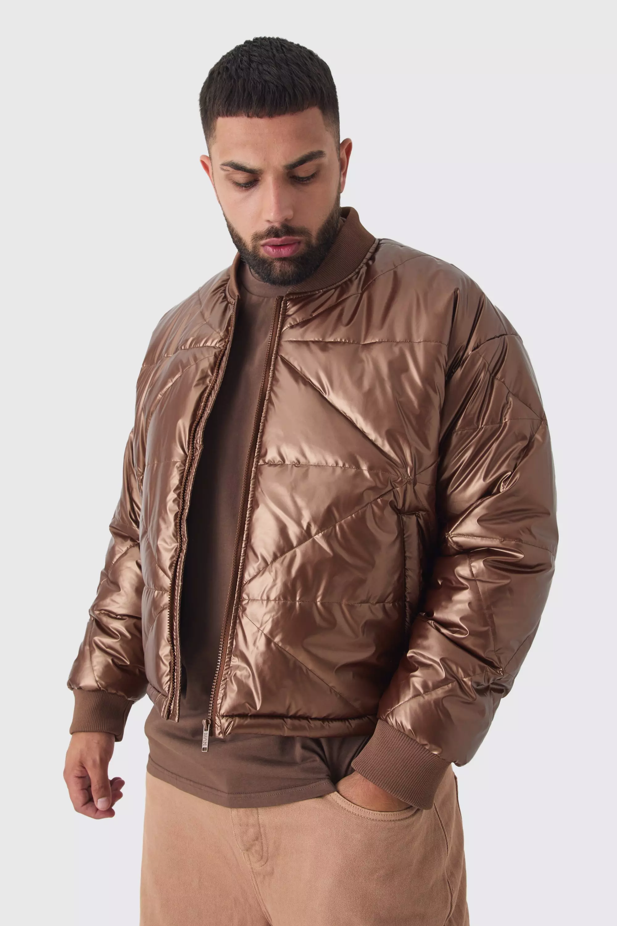 Plus Boxy Metallic Abstract Quilted Bomber Jacket In Tan Tan