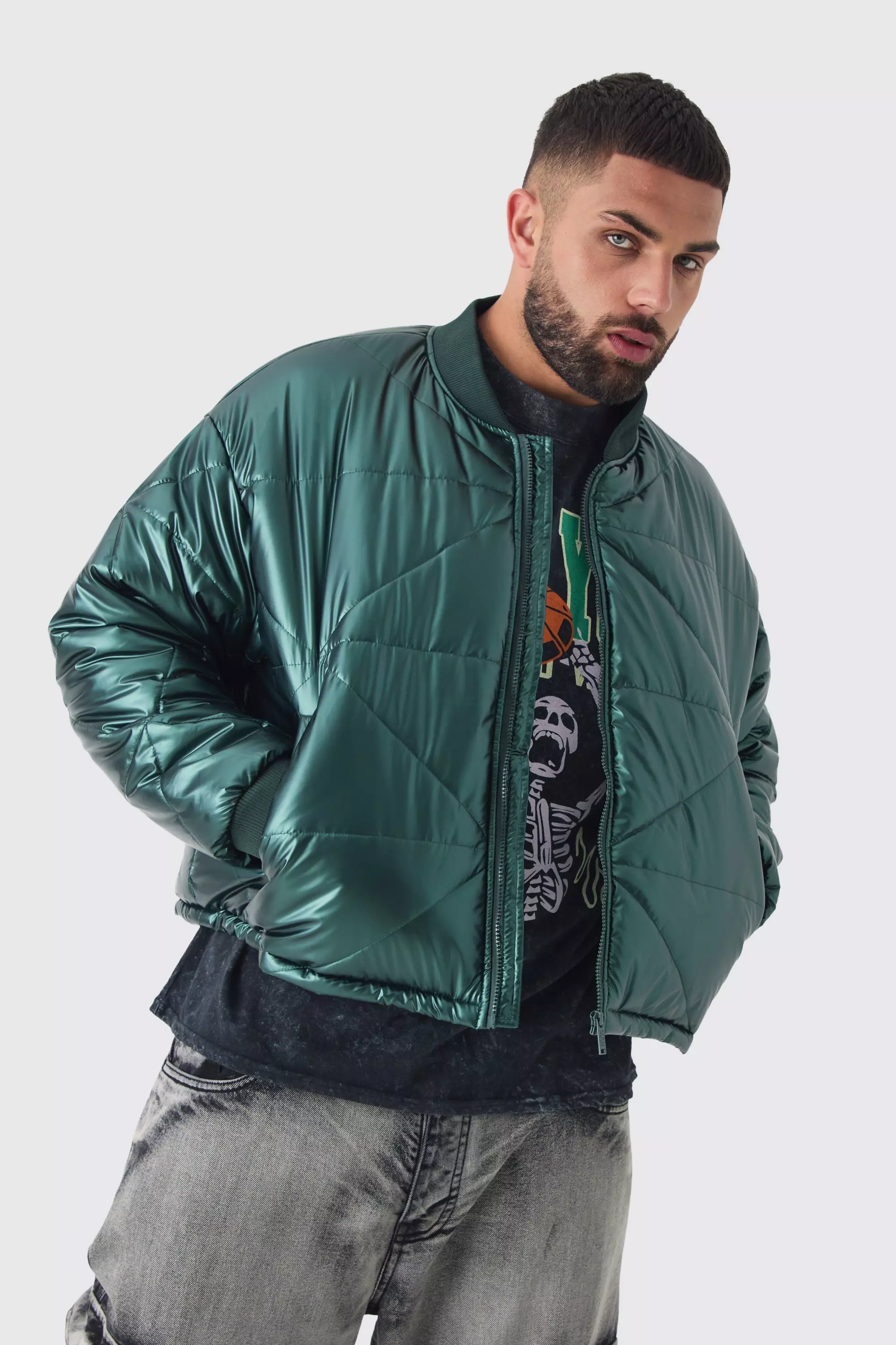 Plus Boxy Metallic Abstract Quilted Bomber Jacket In Green Green