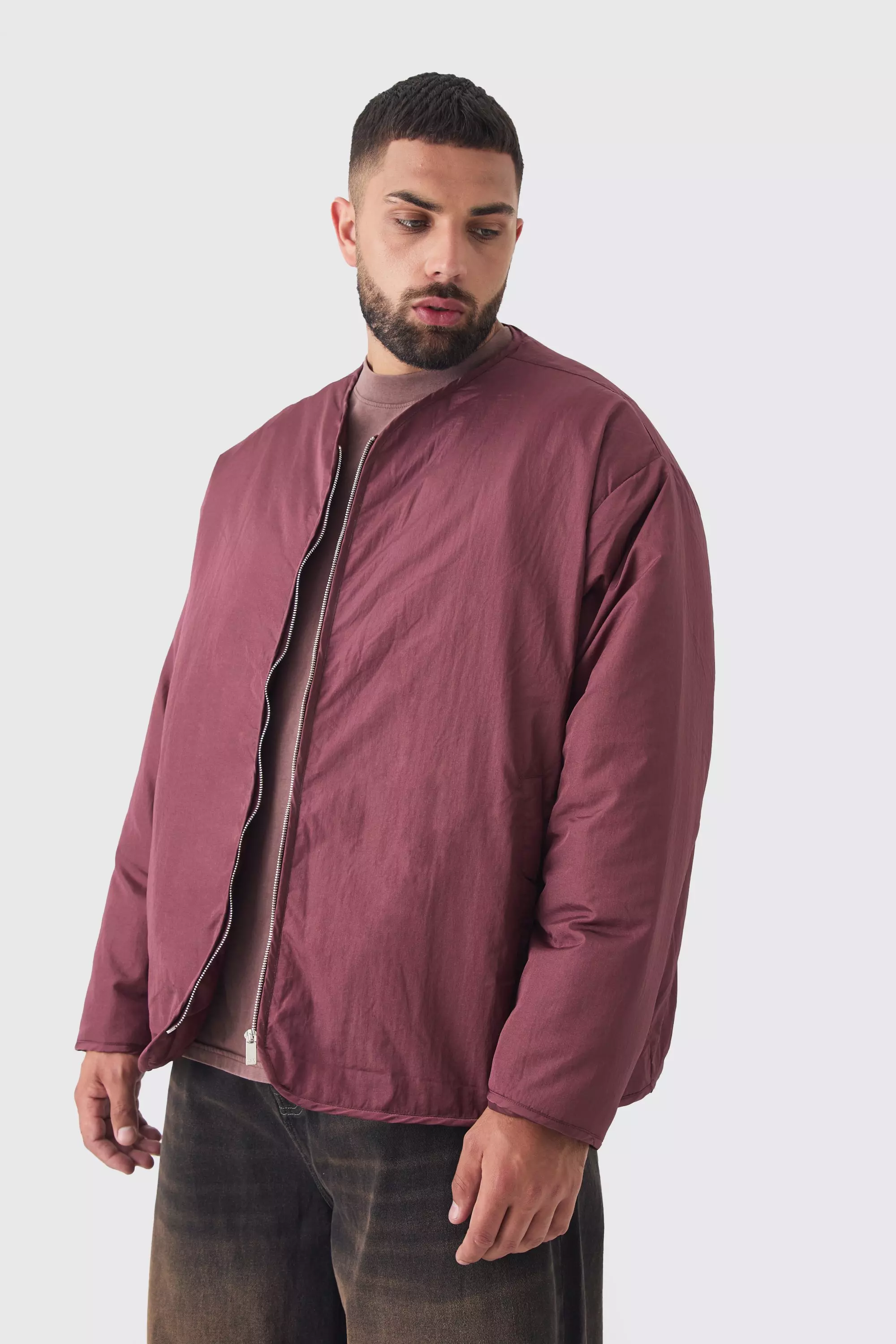 Plus Oversized Collarless Padded Bomber Jacket In Wine Wine