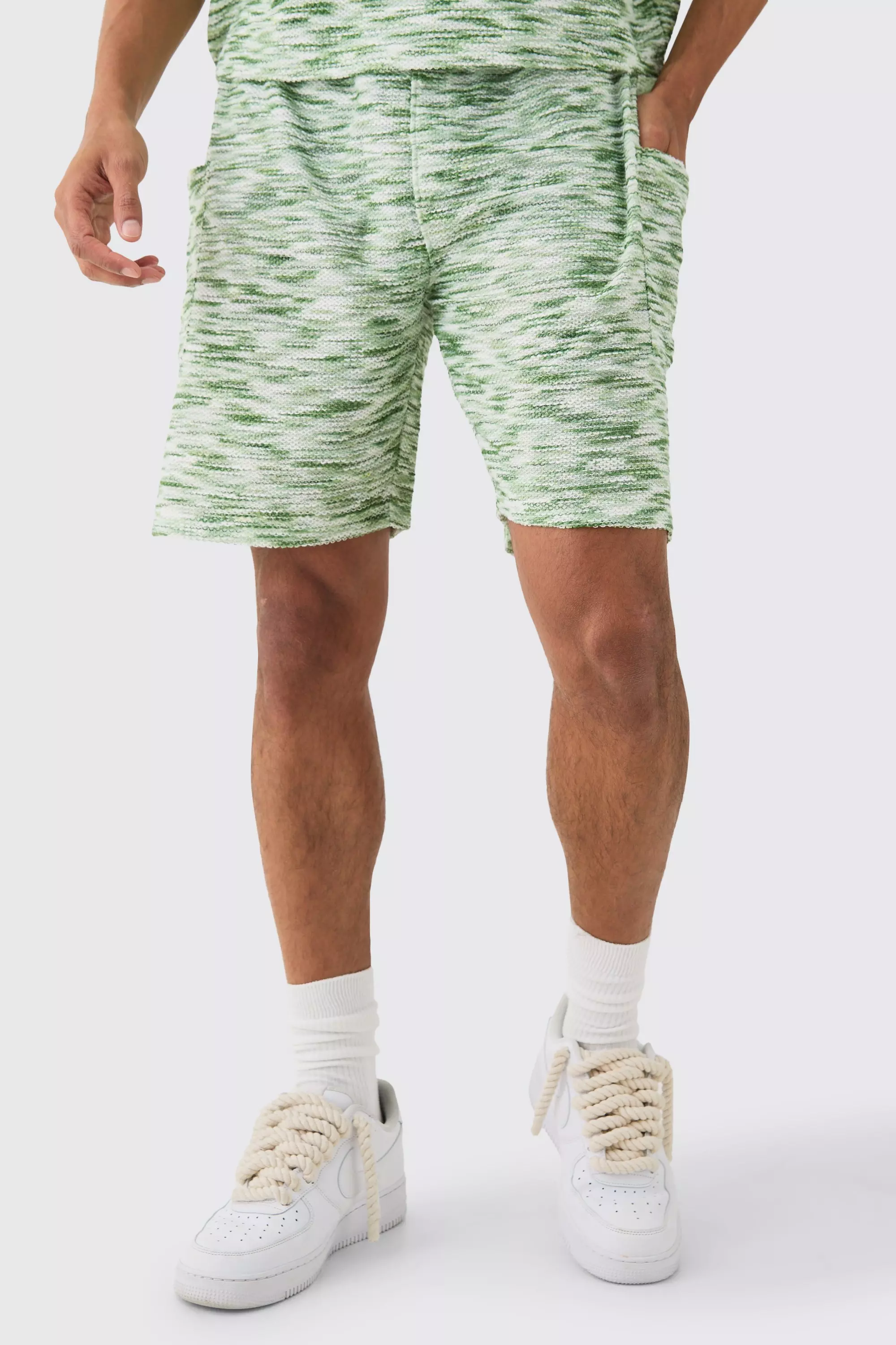 Relaxed Boucle Slub Mid Length Cargo Short Green