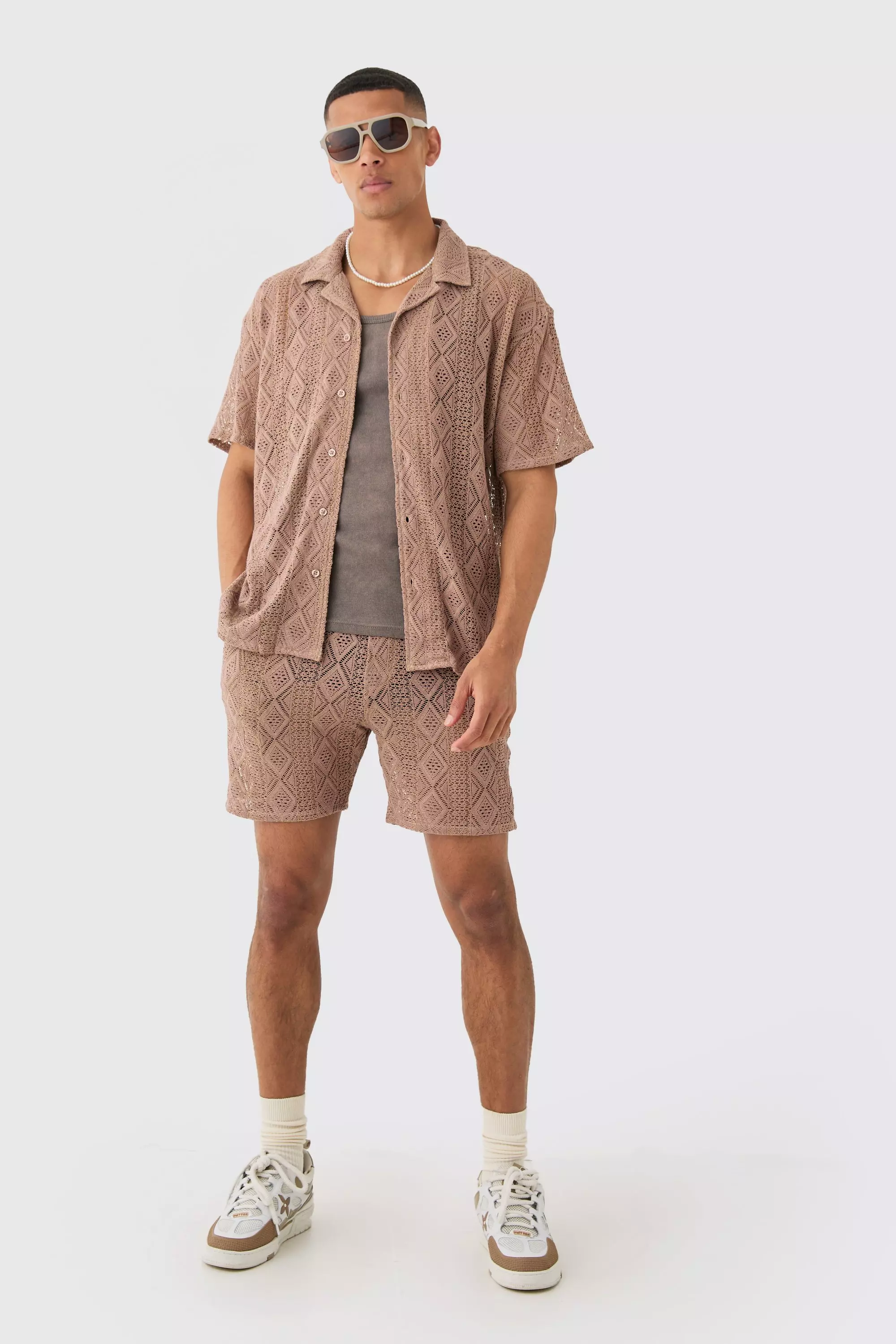 Boxy Crochet Shirt & Short Set Taupe