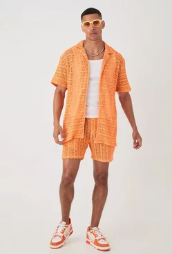 Oversized Weave Look Shirt & Short Orange