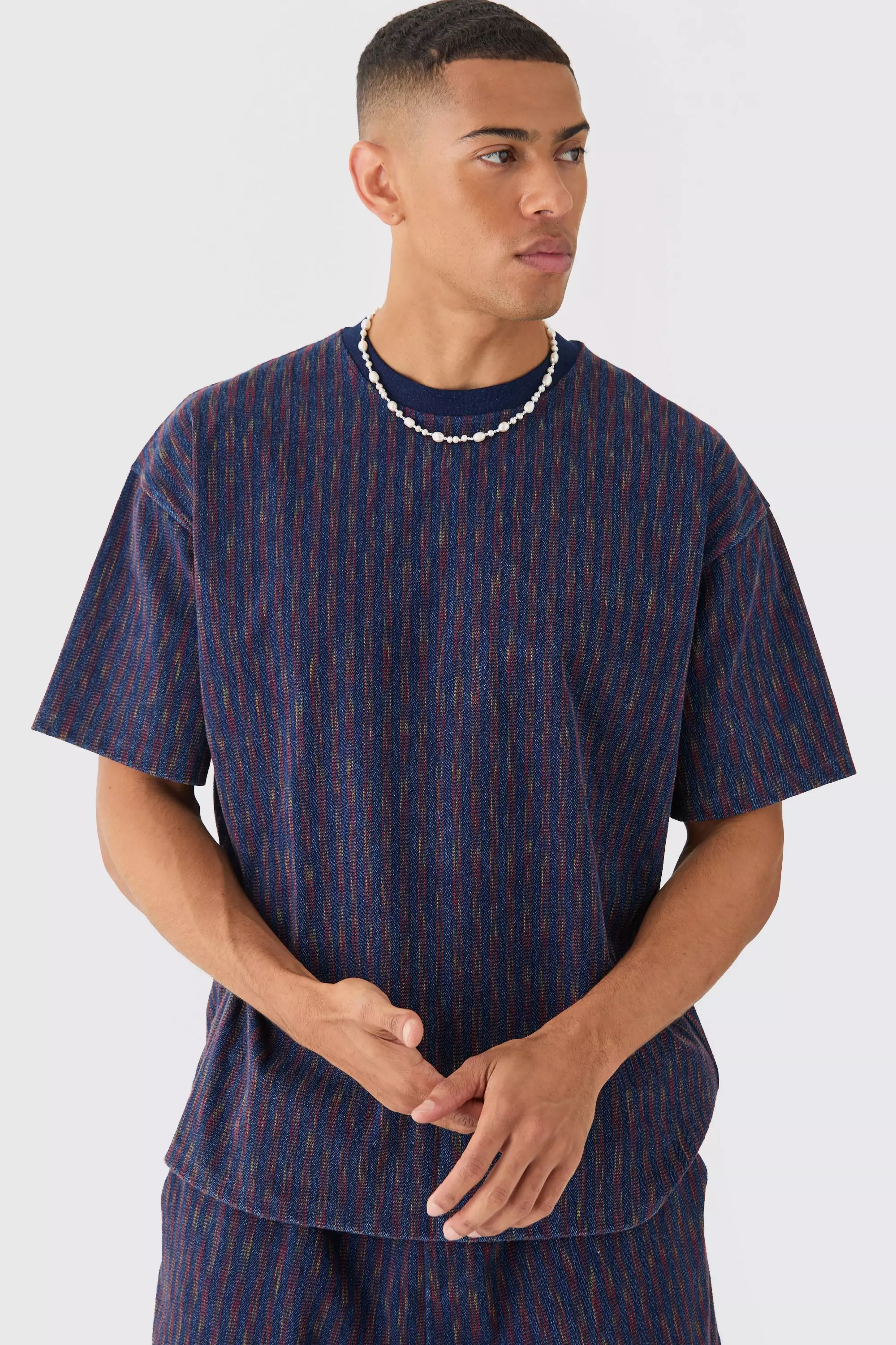 Oversized Indigo Dyed Striped Jacquard Sweatshirt Dark blue