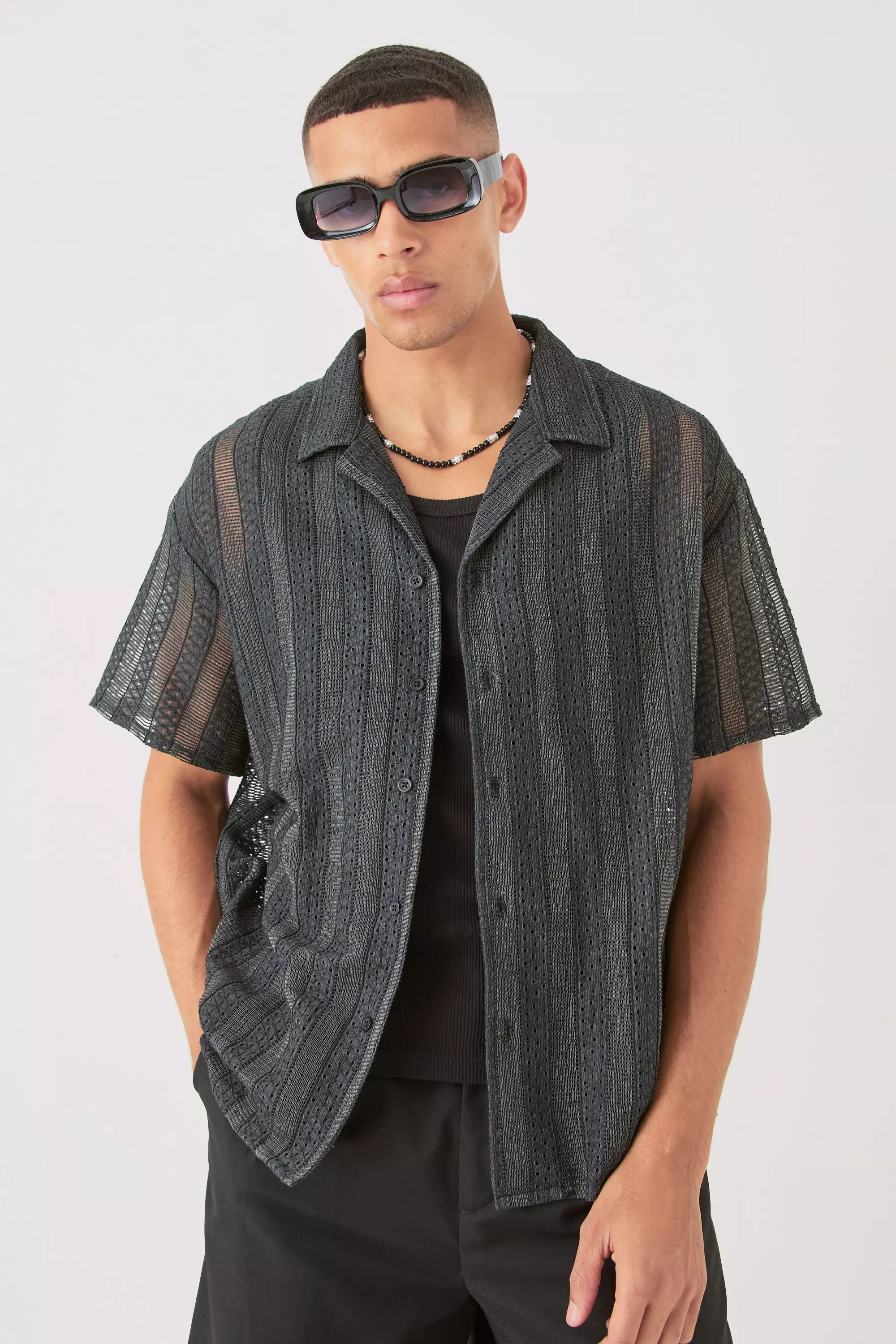 Camicia Squadrata Aperta In Pizzo A Righe, Black immagine alternativa