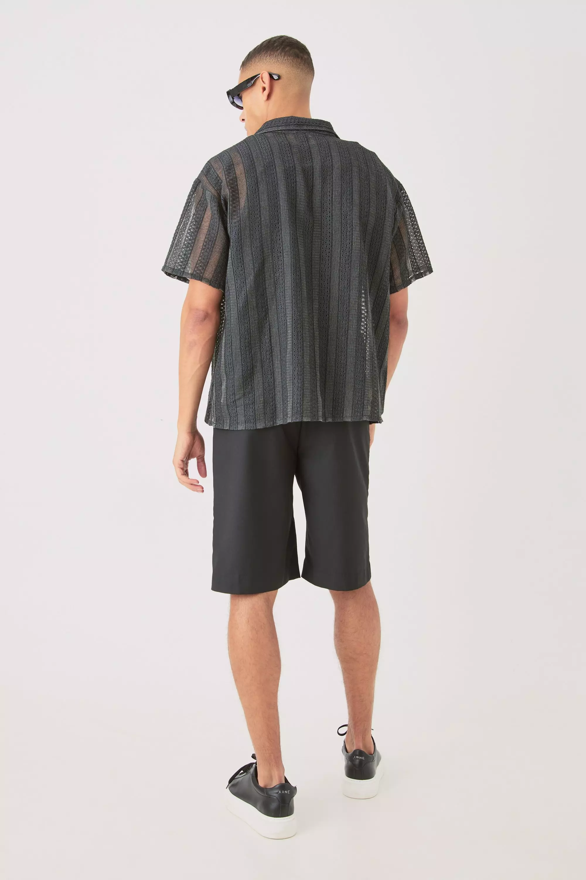 Camicia Squadrata Aperta In Pizzo A Righe, Black immagine alternativa
