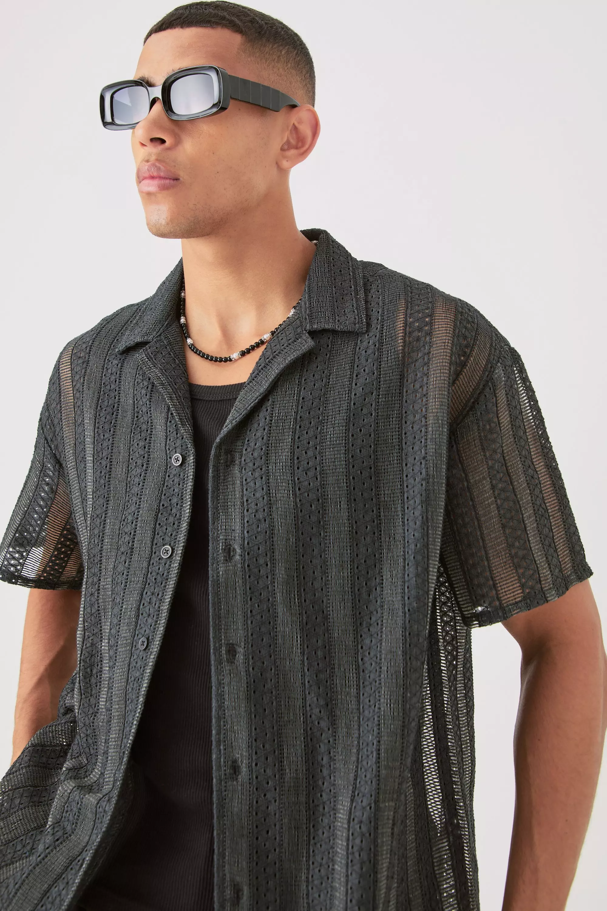 Camicia Squadrata Aperta In Pizzo A Righe, Black immagine alternativa