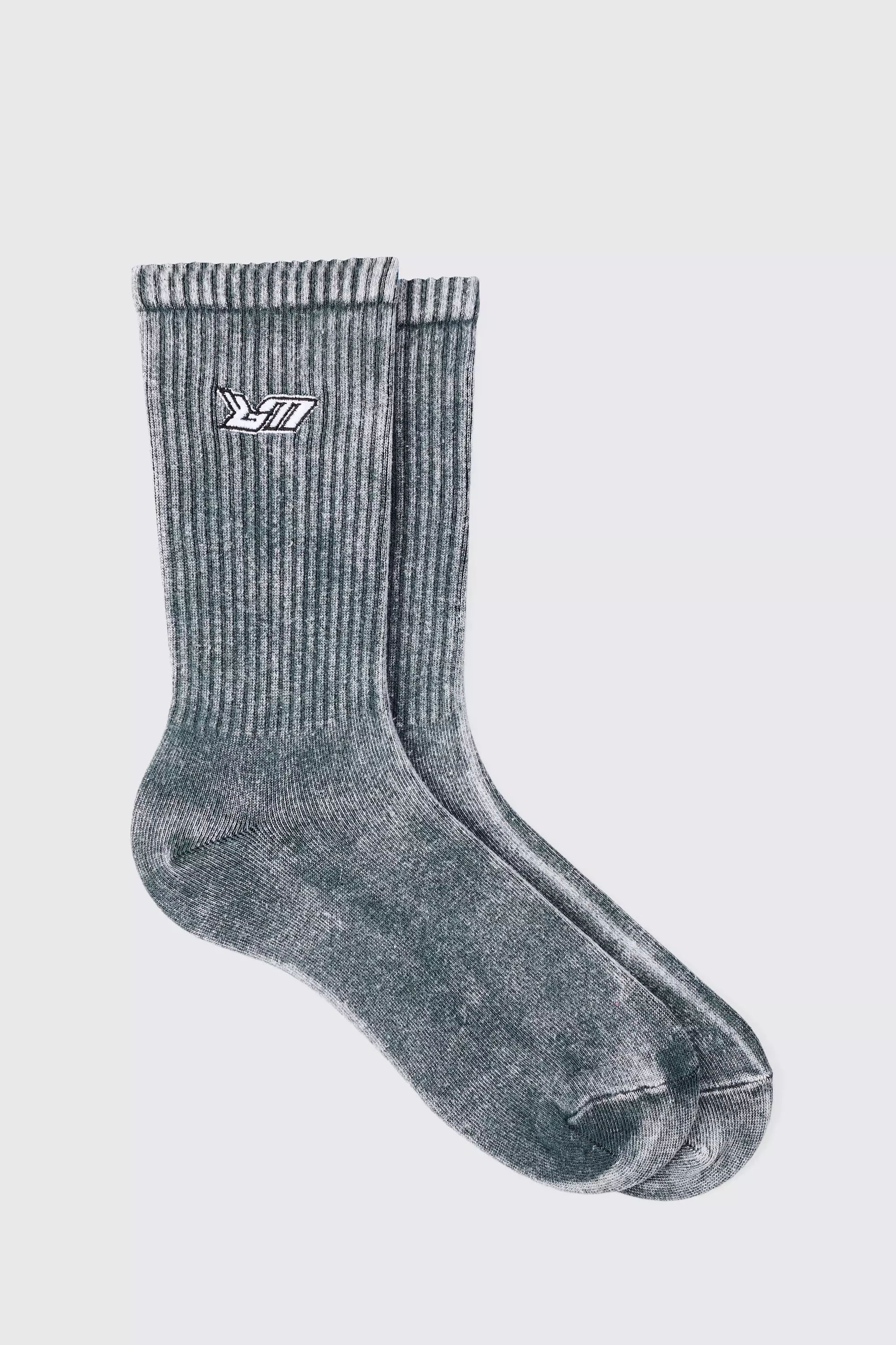 Acid Wash Bm Embroidered Socks In Charcoal Charcoal