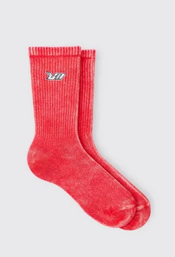 Acid Wash Bm Embroidered Socks In Red Red
