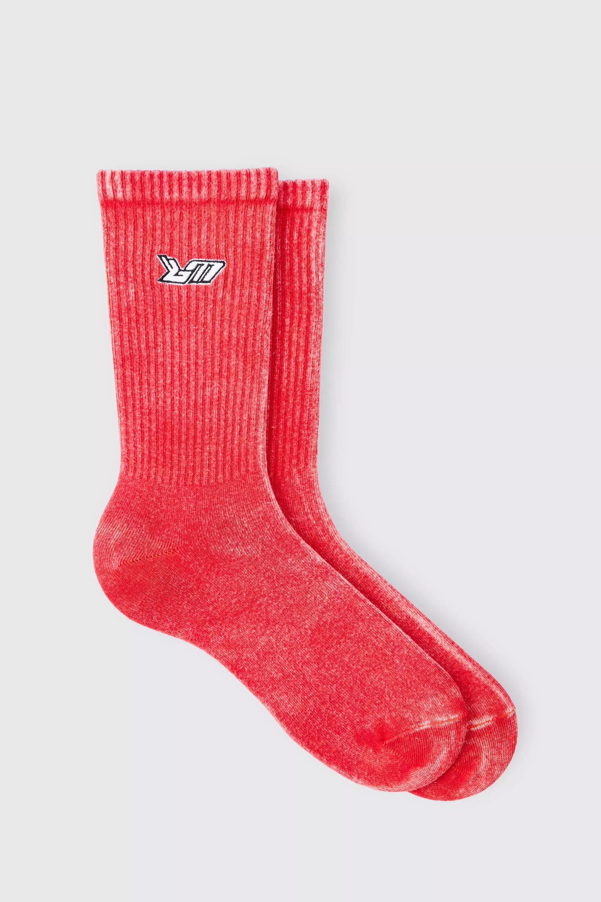 Red Acid Wash Bm Embroidered Socks In Red
