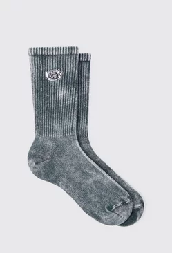 Acid Wash Man Embroidered Socks In Charcoal Charcoal
